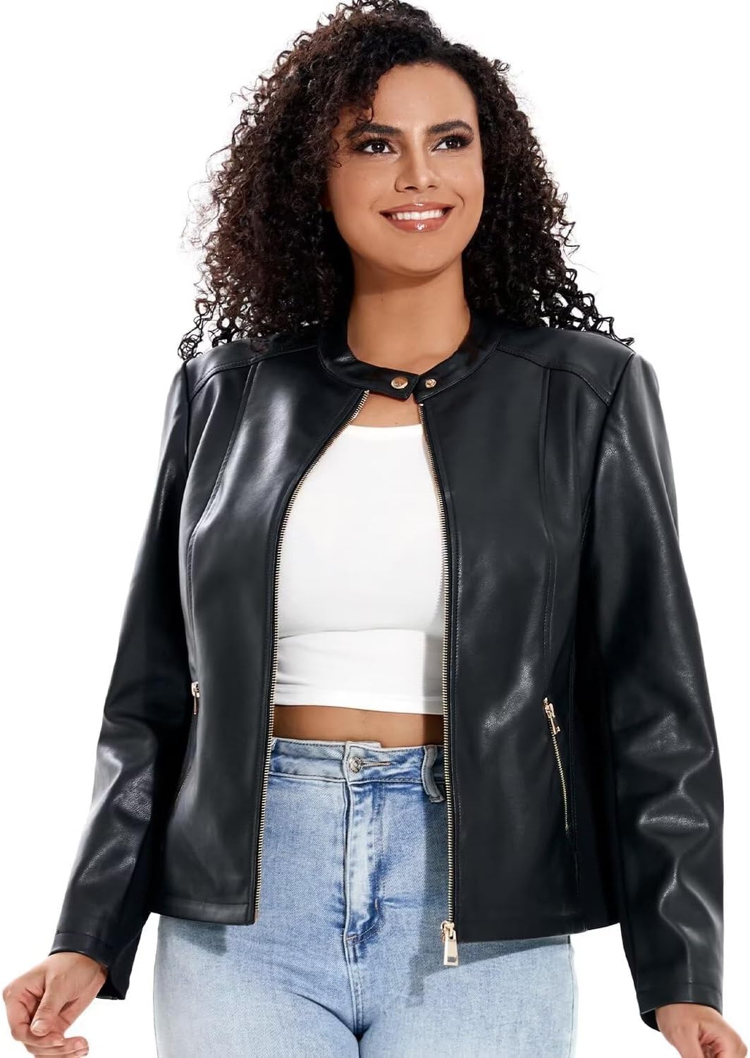 image:imageWomen Plus Size Faux Leather Moto Jacket Oversized Motorcycle Coat soft faux PU leather materialclassic lapel biker designmulti zipper pocketslong sleeve moto jacketwomen motorcycle coatBlack 102
