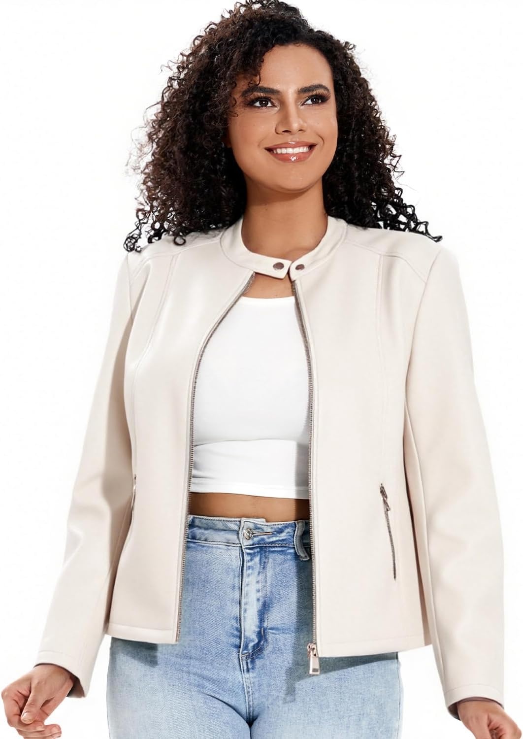 image:imageWomen Plus Size Faux Leather Moto Jacket Oversized Motorcycle Coat soft faux PU leather materialclassic lapel biker designmulti zipper pocketslong sleeve moto jacketwomen motorcycle coatBeige 102