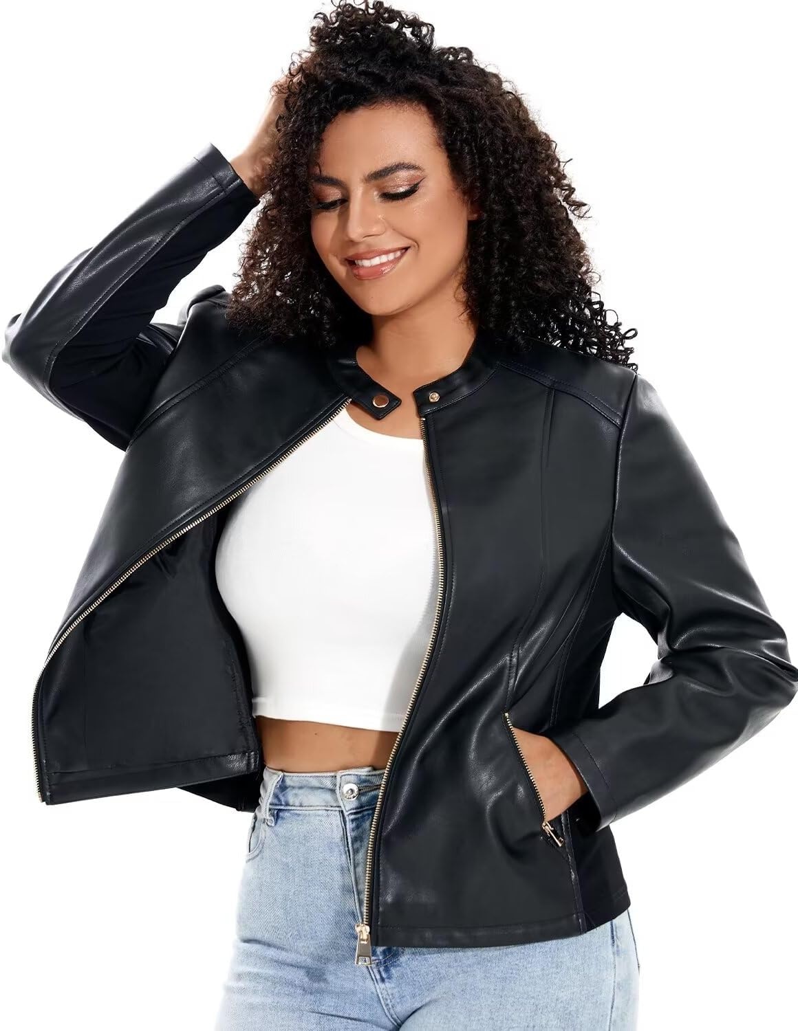 image:imageWomen Plus Size Faux Leather Moto Jacket Oversized Motorcycle Coat soft faux PU leather materialclassic lapel biker designmulti zipper pocketslong sleeve moto jacketwomen motorcycle coatBlack 102