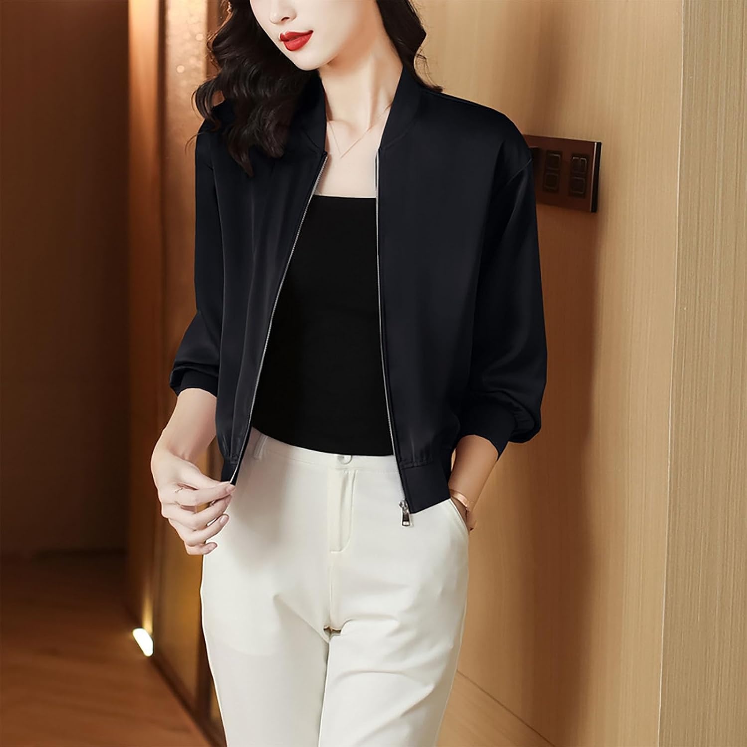 image:imageWomens Bomber Jacket Satin Silk Coat Casual Stand Collar Zip Up Lightweight Fall Fashion Jackets with PocketsBlack