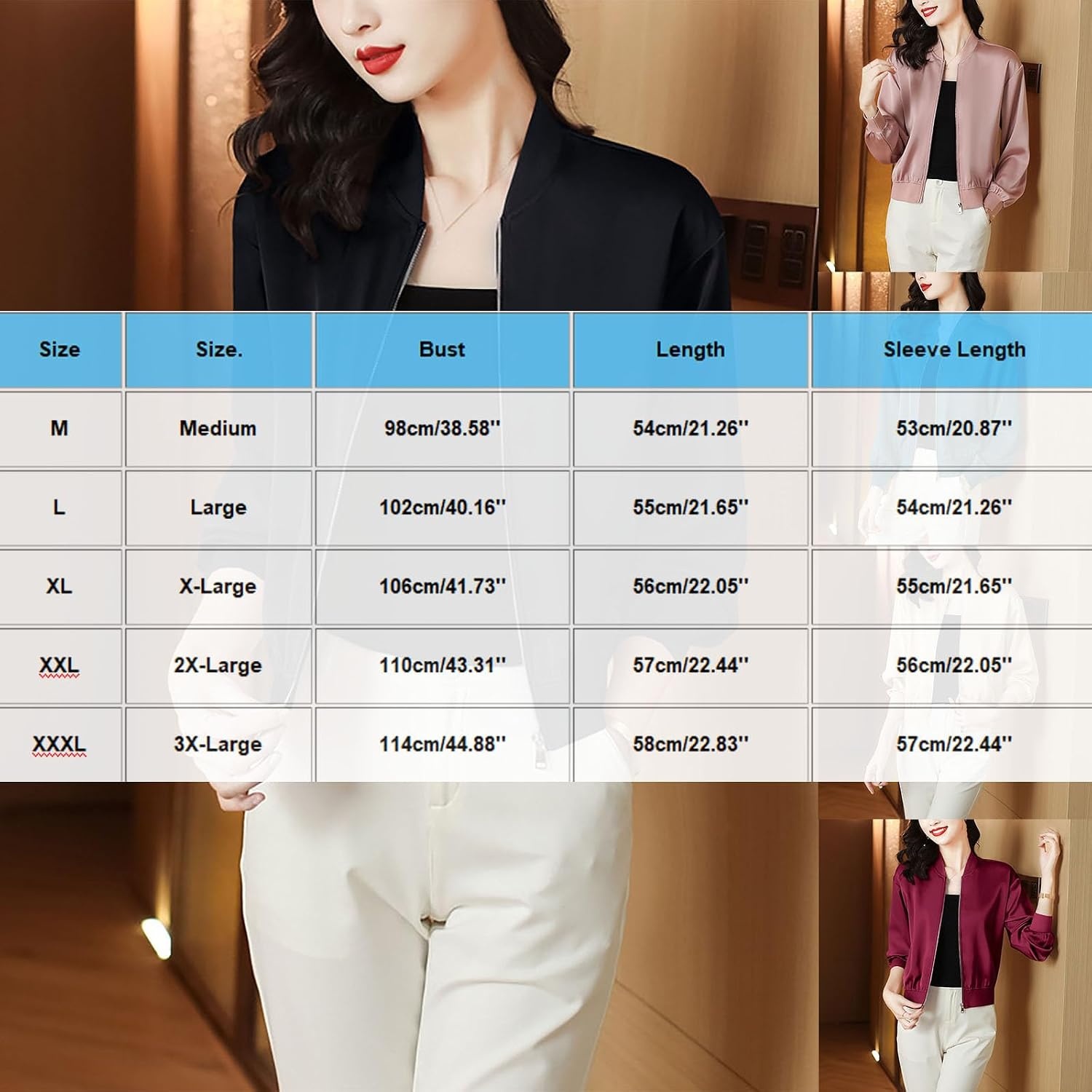 image:imageWomens Bomber Jacket Satin Silk Coat Casual Stand Collar Zip Up Lightweight Fall Fashion Jackets with PocketsBlack