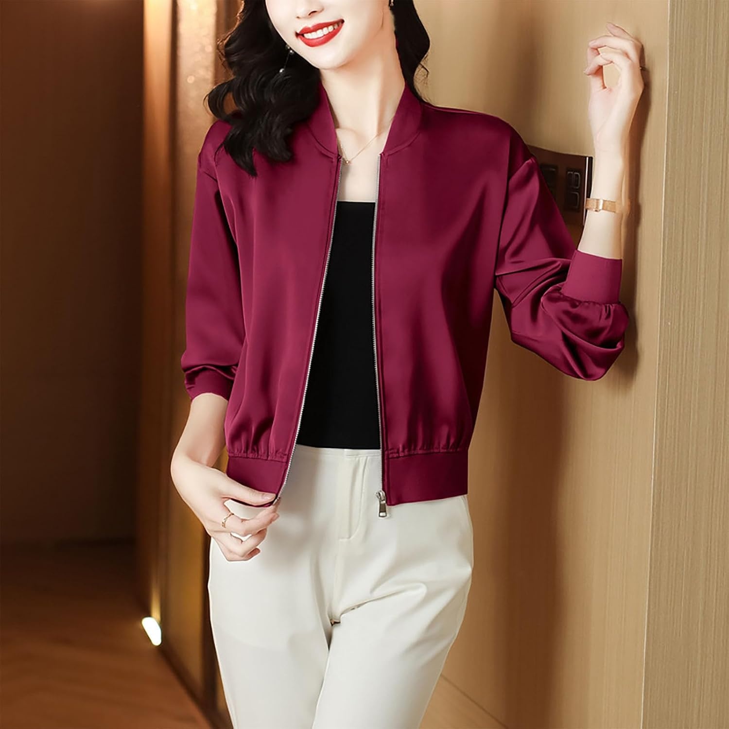 image:imageWomens Bomber Jacket Satin Silk Coat Casual Stand Collar Zip Up Lightweight Fall Fashion Jackets with PocketsWine