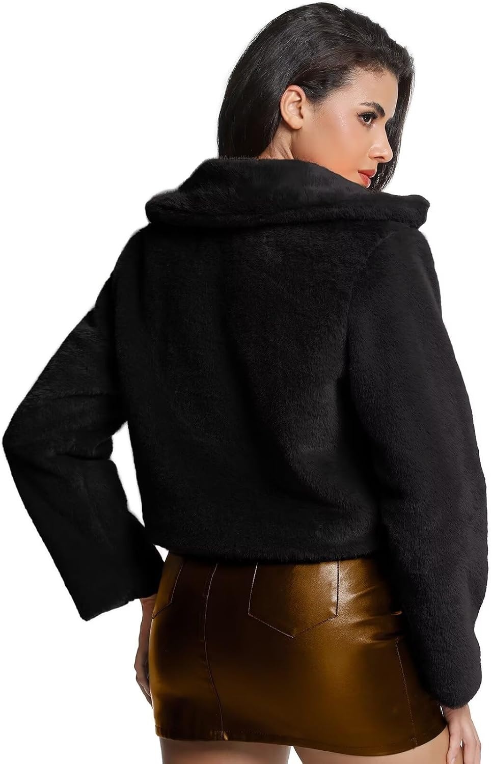 image:imageWomens Cropped Faux Fur Jacket with Hidden Pockets and Buttons Plush Shawl Collar Cardigan Sexy CoatBlack