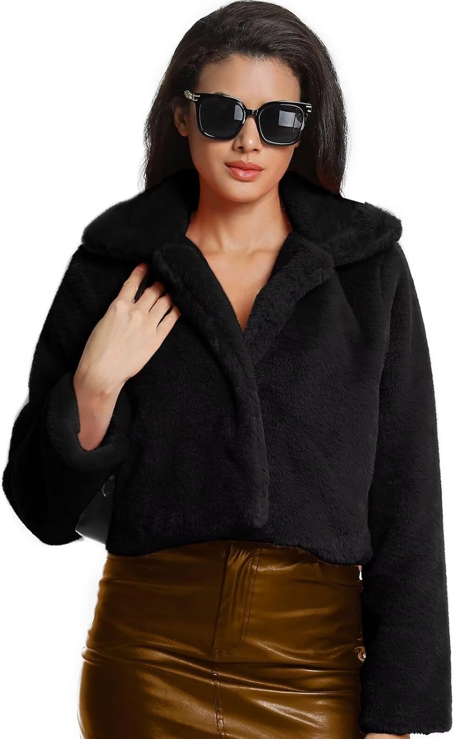 image:imageWomens Cropped Faux Fur Jacket with Hidden Pockets and Buttons Plush Shawl Collar Cardigan Sexy CoatBlack