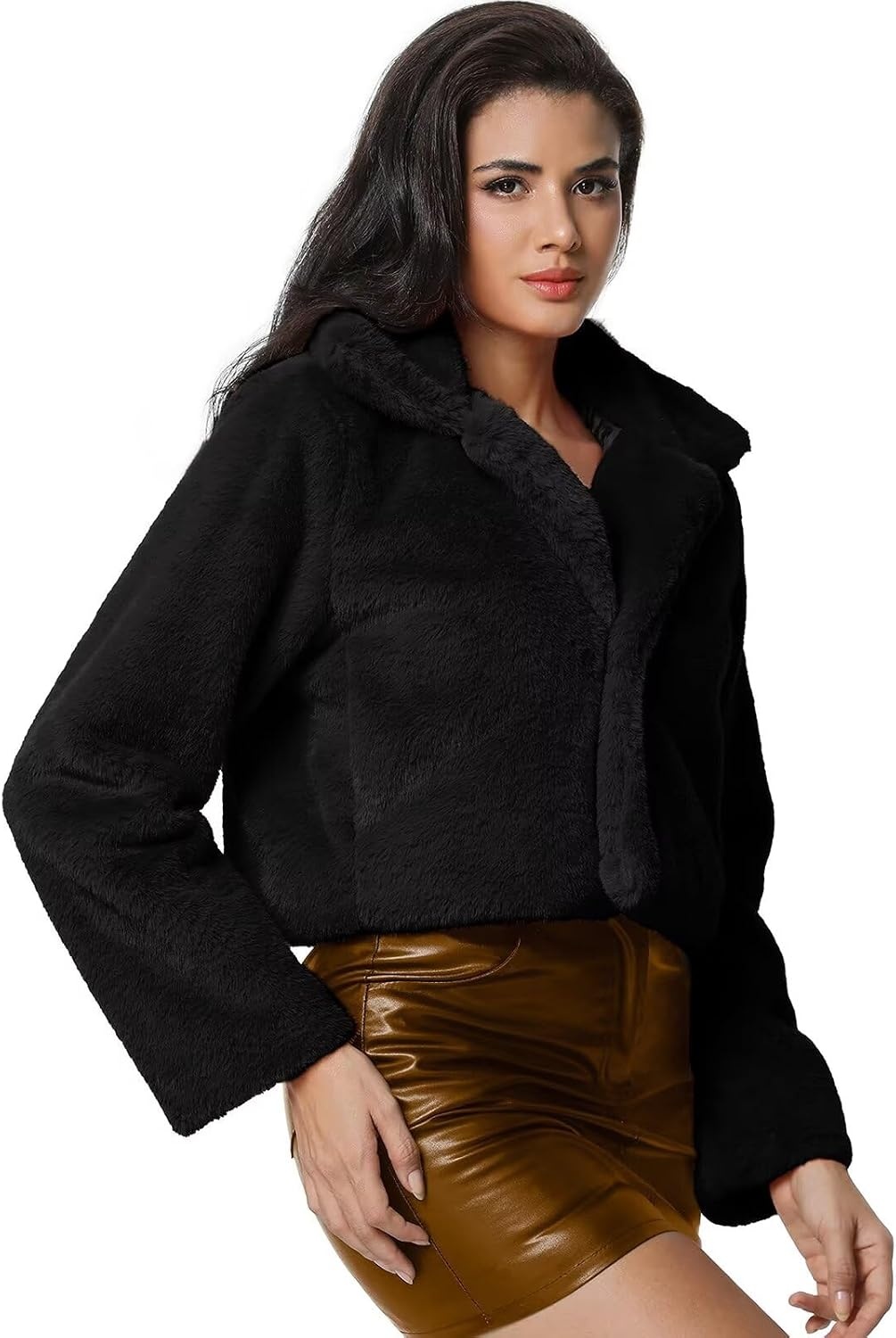 image:imageWomens Cropped Faux Fur Jacket with Hidden Pockets and Buttons Plush Shawl Collar Cardigan Sexy CoatBlack
