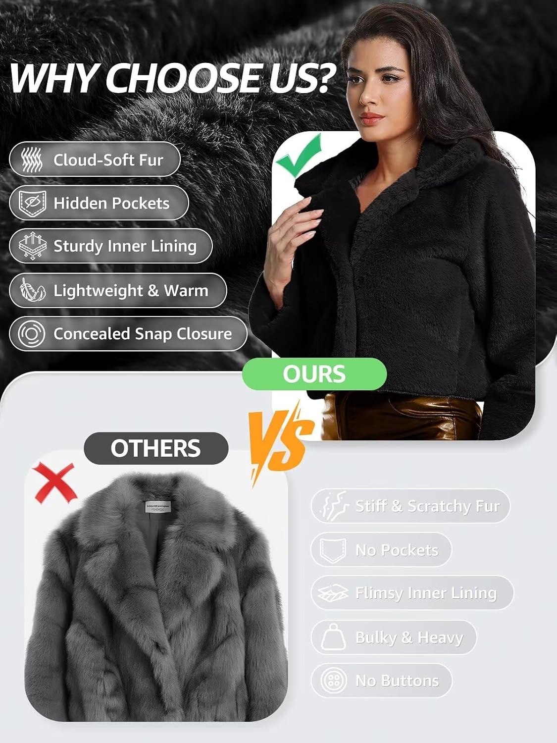image:imageWomens Cropped Faux Fur Jacket with Hidden Pockets and Buttons Plush Shawl Collar Cardigan Sexy CoatBlack