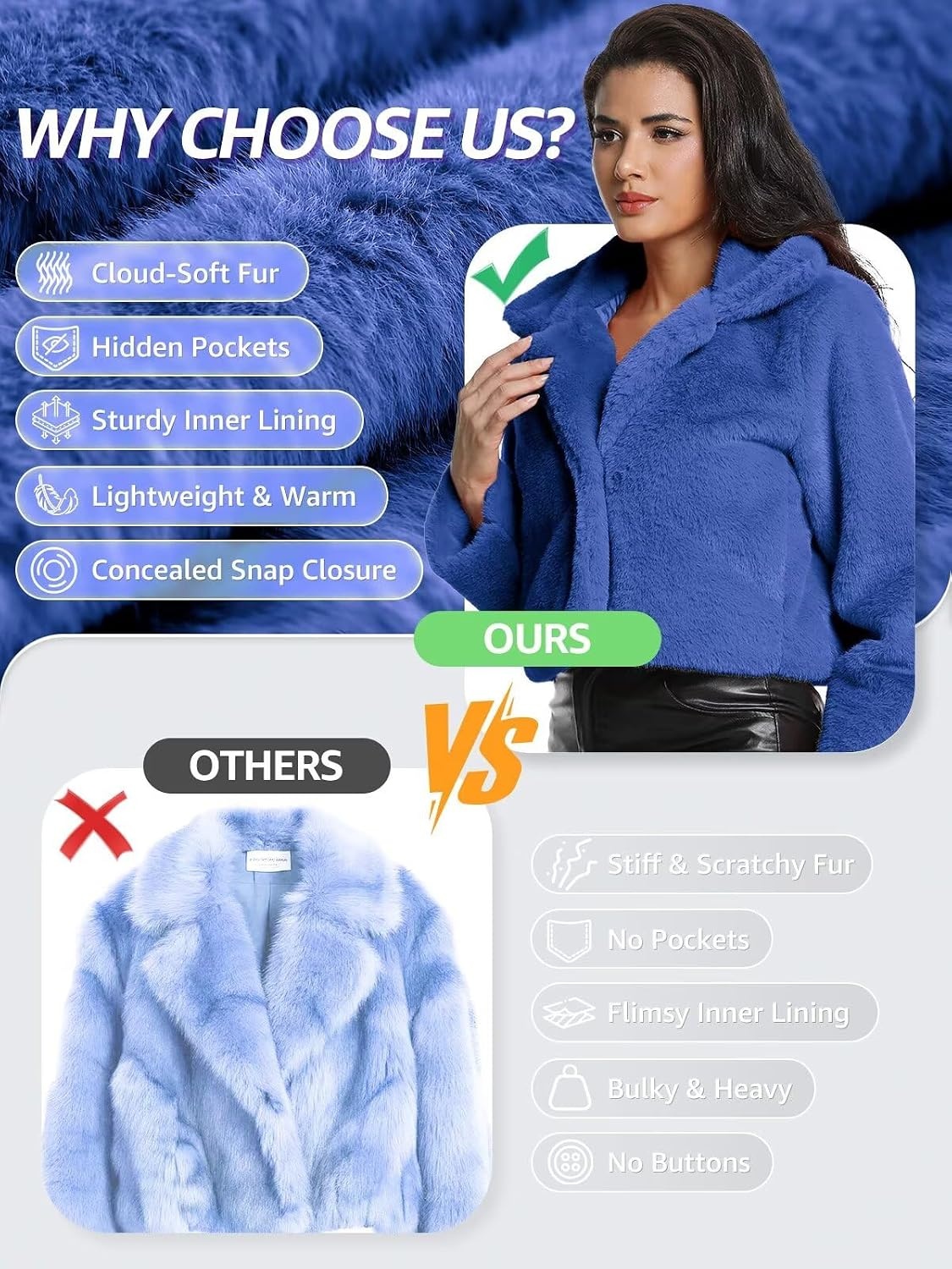 image:imageWomens Cropped Faux Fur Jacket with Hidden Pockets and Buttons Plush Shawl Collar Cardigan Sexy CoatBlue