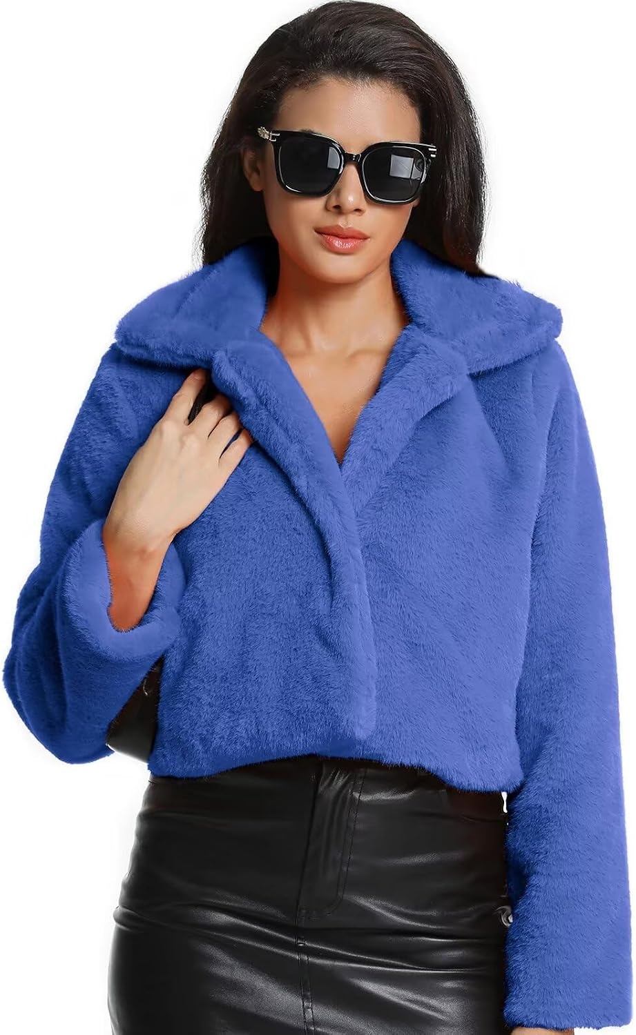 image:imageWomens Cropped Faux Fur Jacket with Hidden Pockets and Buttons Plush Shawl Collar Cardigan Sexy CoatBlue