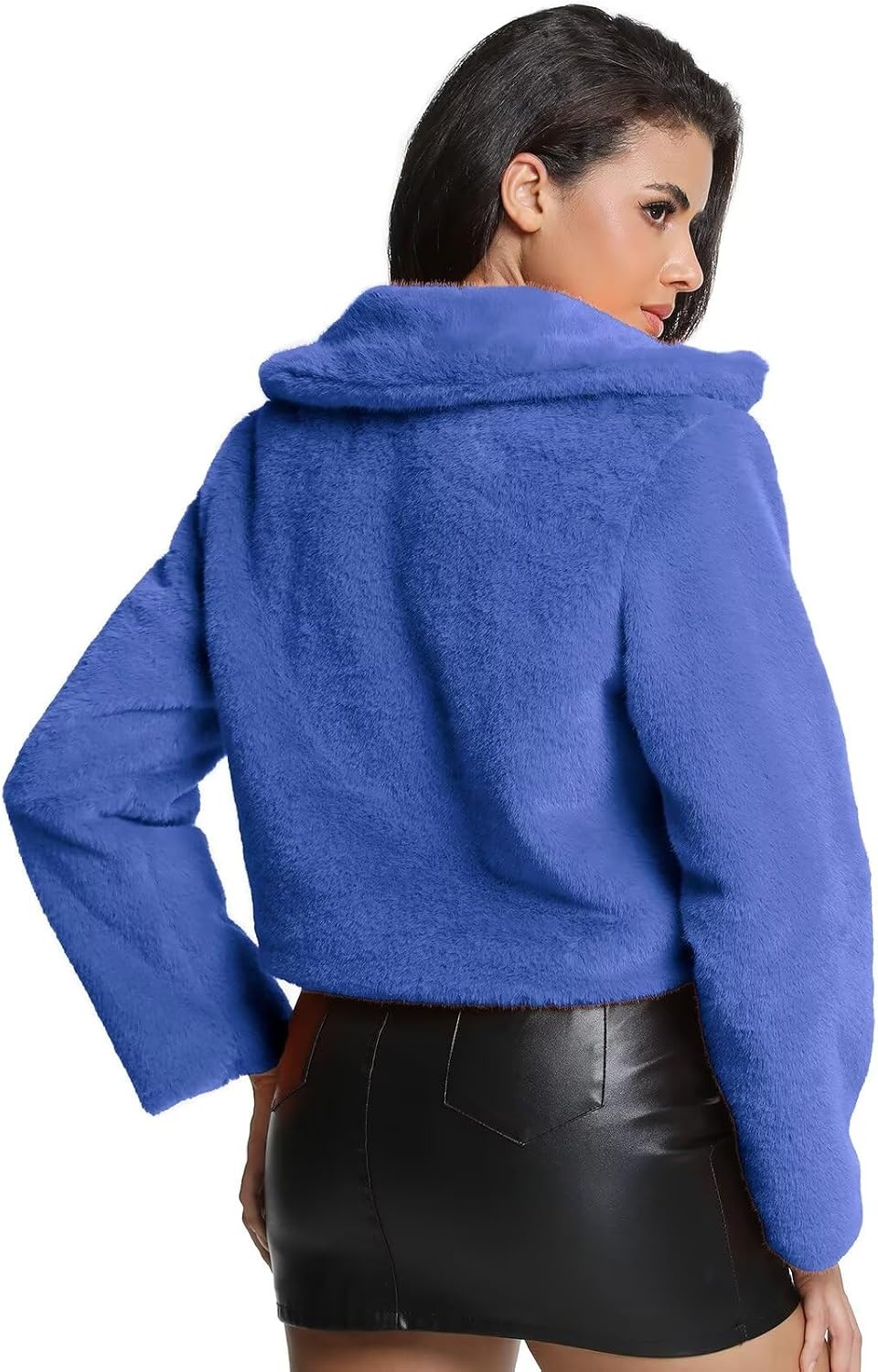 image:imageWomens Cropped Faux Fur Jacket with Hidden Pockets and Buttons Plush Shawl Collar Cardigan Sexy CoatBlue