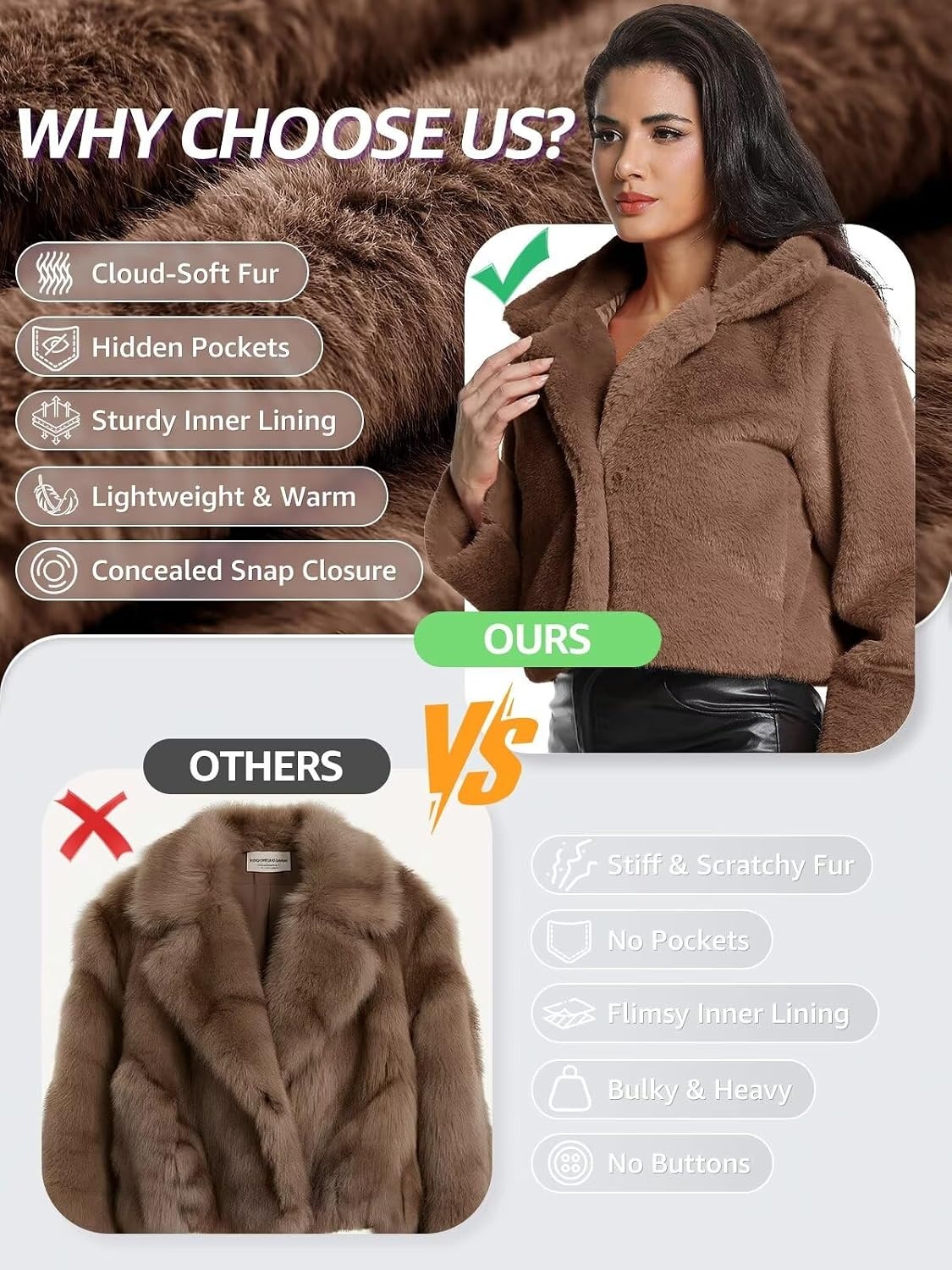 image:imageWomens Cropped Faux Fur Jacket with Hidden Pockets and Buttons Plush Shawl Collar Cardigan Sexy CoatBrown