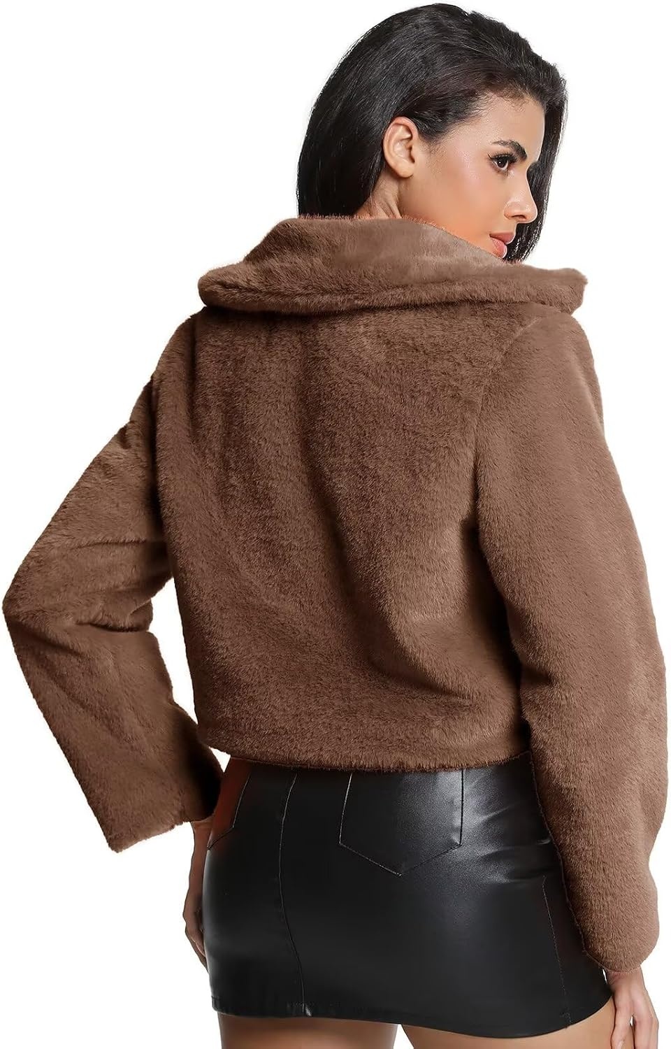 image:imageWomens Cropped Faux Fur Jacket with Hidden Pockets and Buttons Plush Shawl Collar Cardigan Sexy CoatBrown