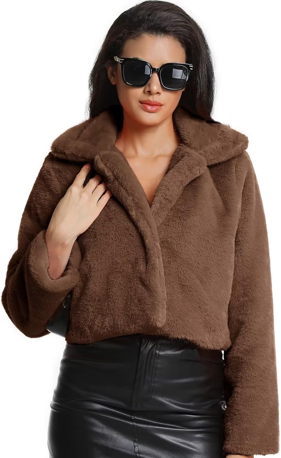 image:imageWomens Cropped Faux Fur Jacket with Hidden Pockets and Buttons Plush Shawl Collar Cardigan Sexy CoatBrown