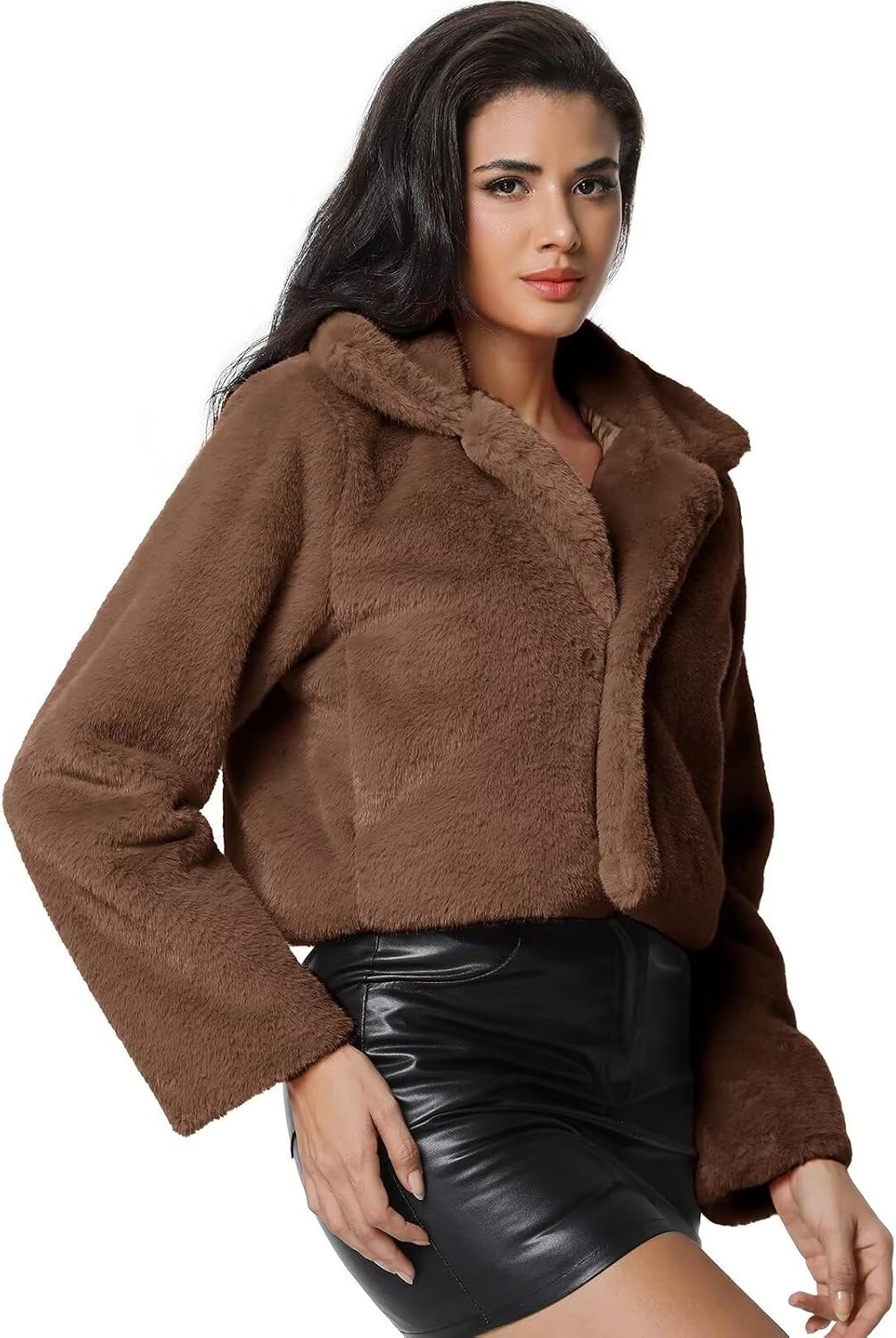 image:imageWomens Cropped Faux Fur Jacket with Hidden Pockets and Buttons Plush Shawl Collar Cardigan Sexy CoatBrown