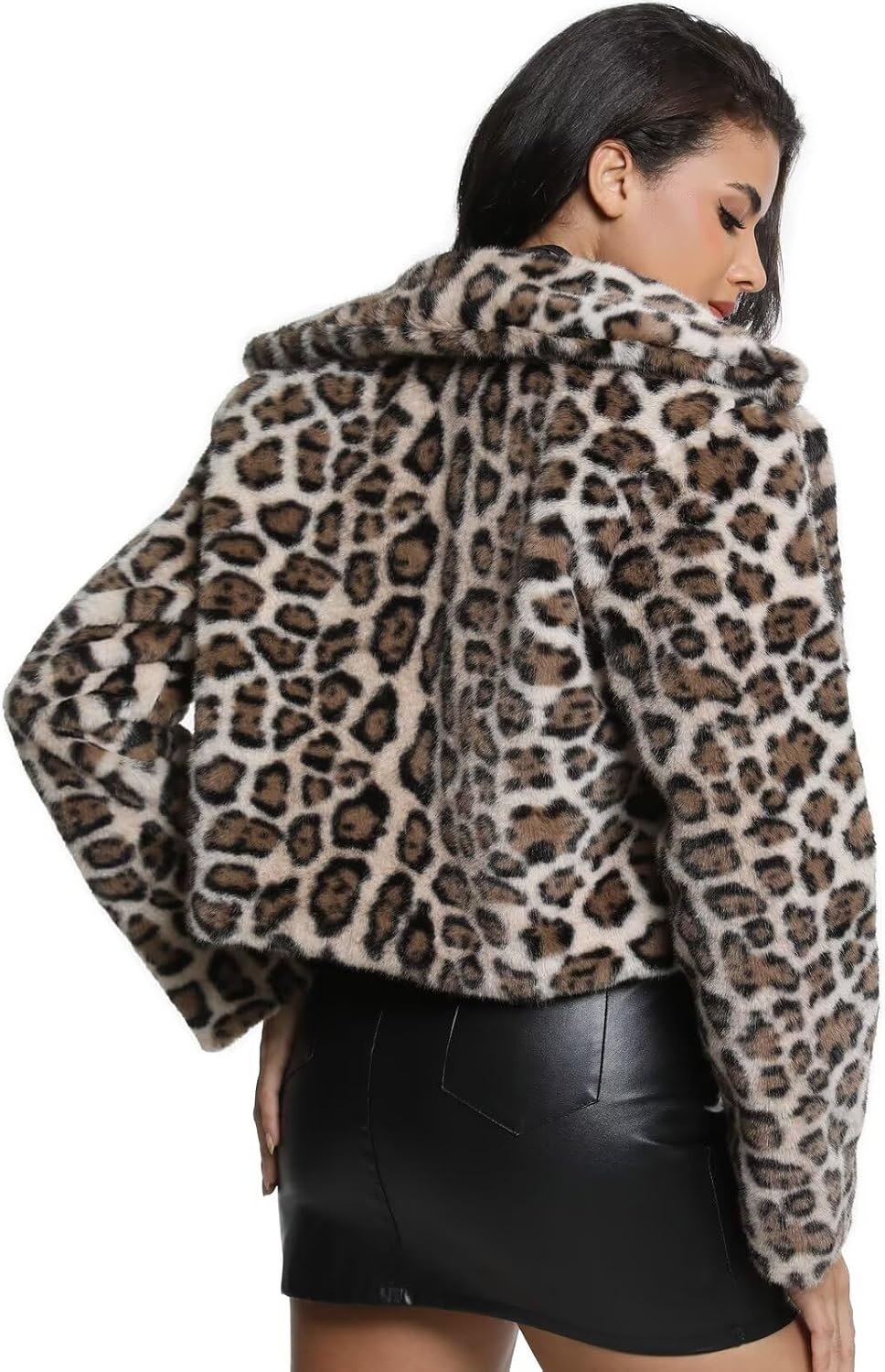 image:imageWomens Cropped Faux Fur Jacket with Hidden Pockets and Buttons Plush Shawl Collar Cardigan Sexy CoatBrown Leopard
