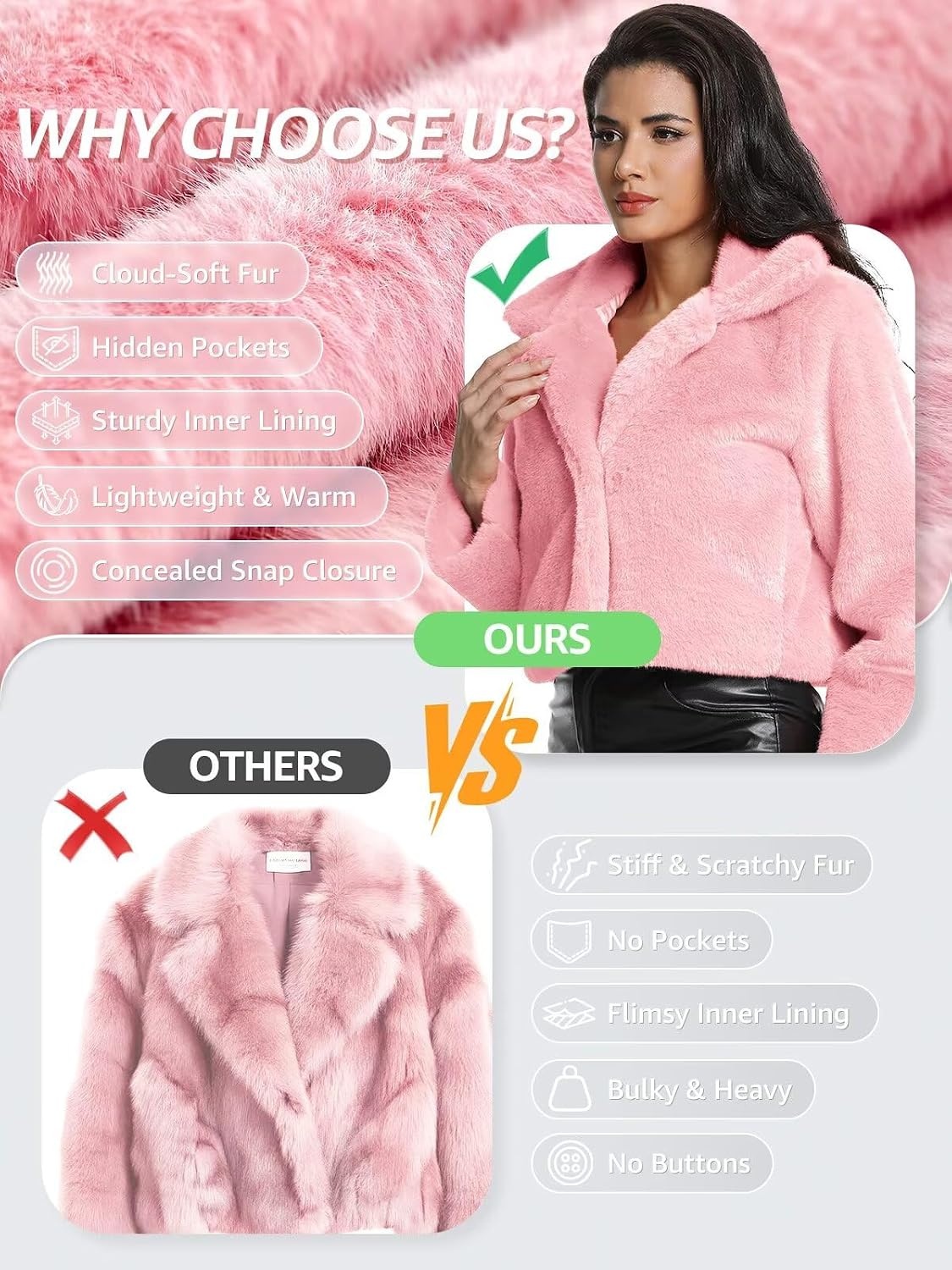 image:imageWomens Cropped Faux Fur Jacket with Hidden Pockets and Buttons Plush Shawl Collar Cardigan Sexy CoatHot Pink