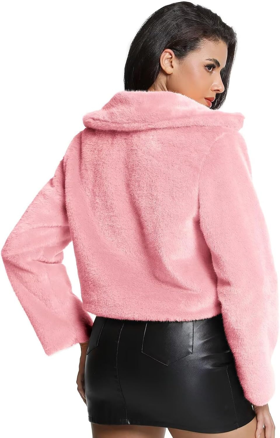image:imageWomens Cropped Faux Fur Jacket with Hidden Pockets and Buttons Plush Shawl Collar Cardigan Sexy CoatHot Pink