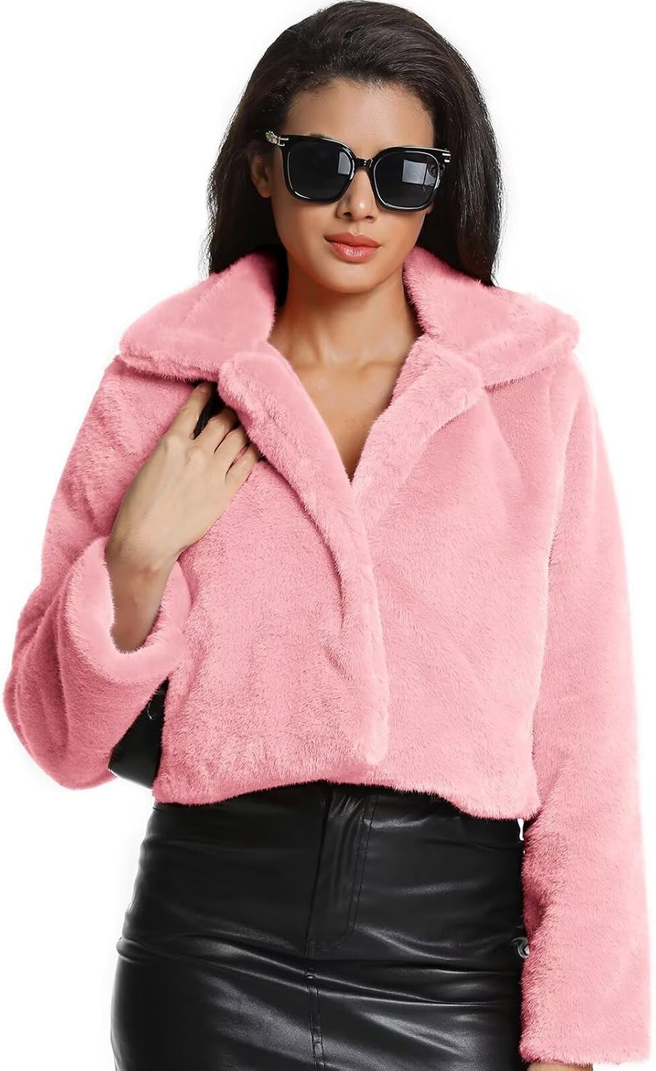 image:imageWomens Cropped Faux Fur Jacket with Hidden Pockets and Buttons Plush Shawl Collar Cardigan Sexy CoatHot Pink