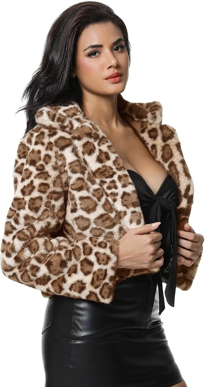 image:imageWomens Cropped Faux Fur Jacket with Hidden Pockets and Buttons Plush Shawl Collar Cardigan Sexy CoatLight Brown Leopard