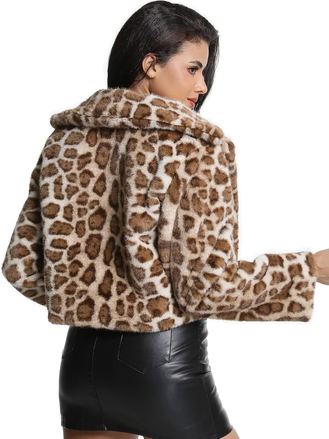 image:imageWomens Cropped Faux Fur Jacket with Hidden Pockets and Buttons Plush Shawl Collar Cardigan Sexy CoatLight Brown Leopard