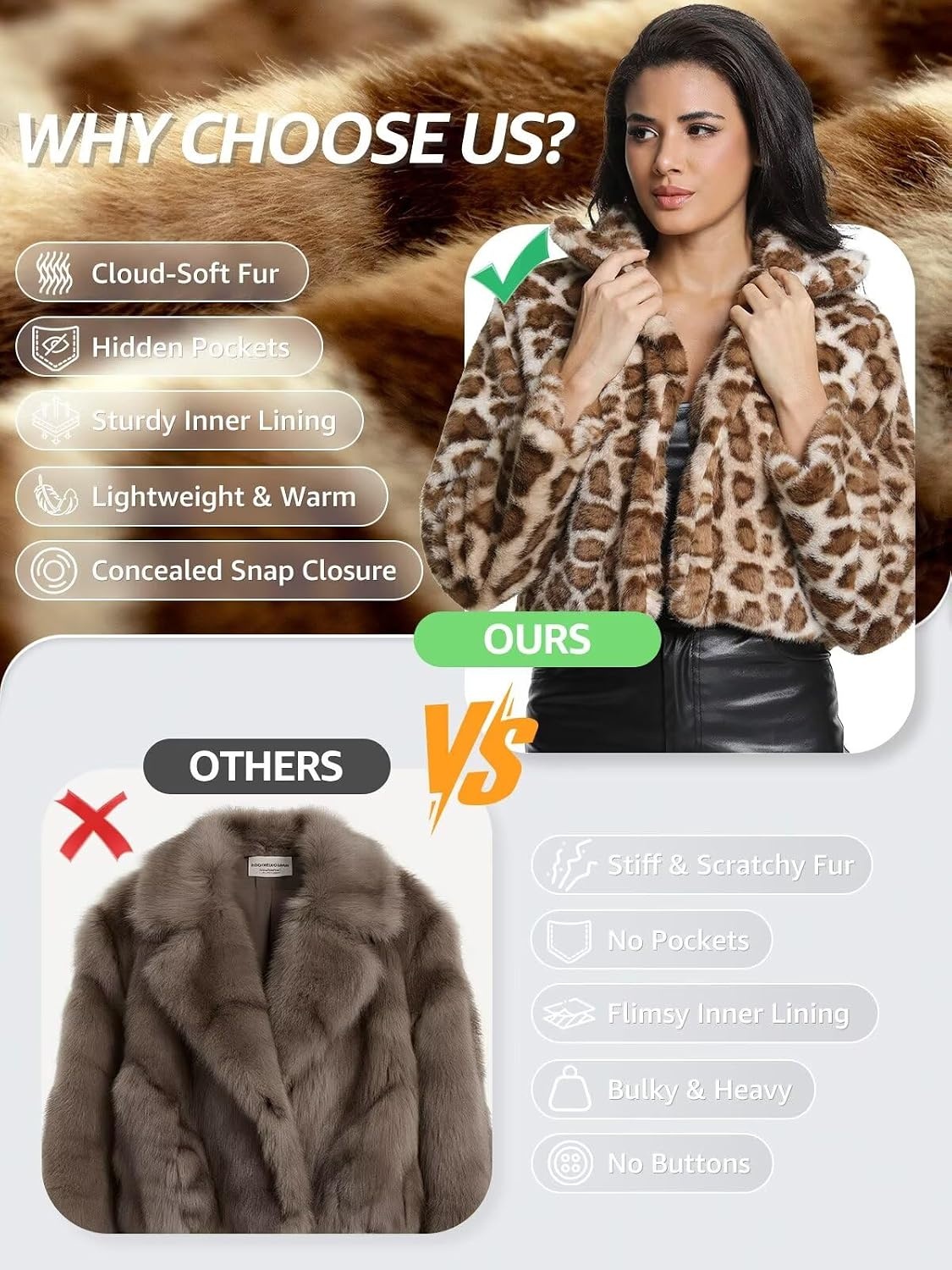 image:imageWomens Cropped Faux Fur Jacket with Hidden Pockets and Buttons Plush Shawl Collar Cardigan Sexy CoatLight Brown Leopard