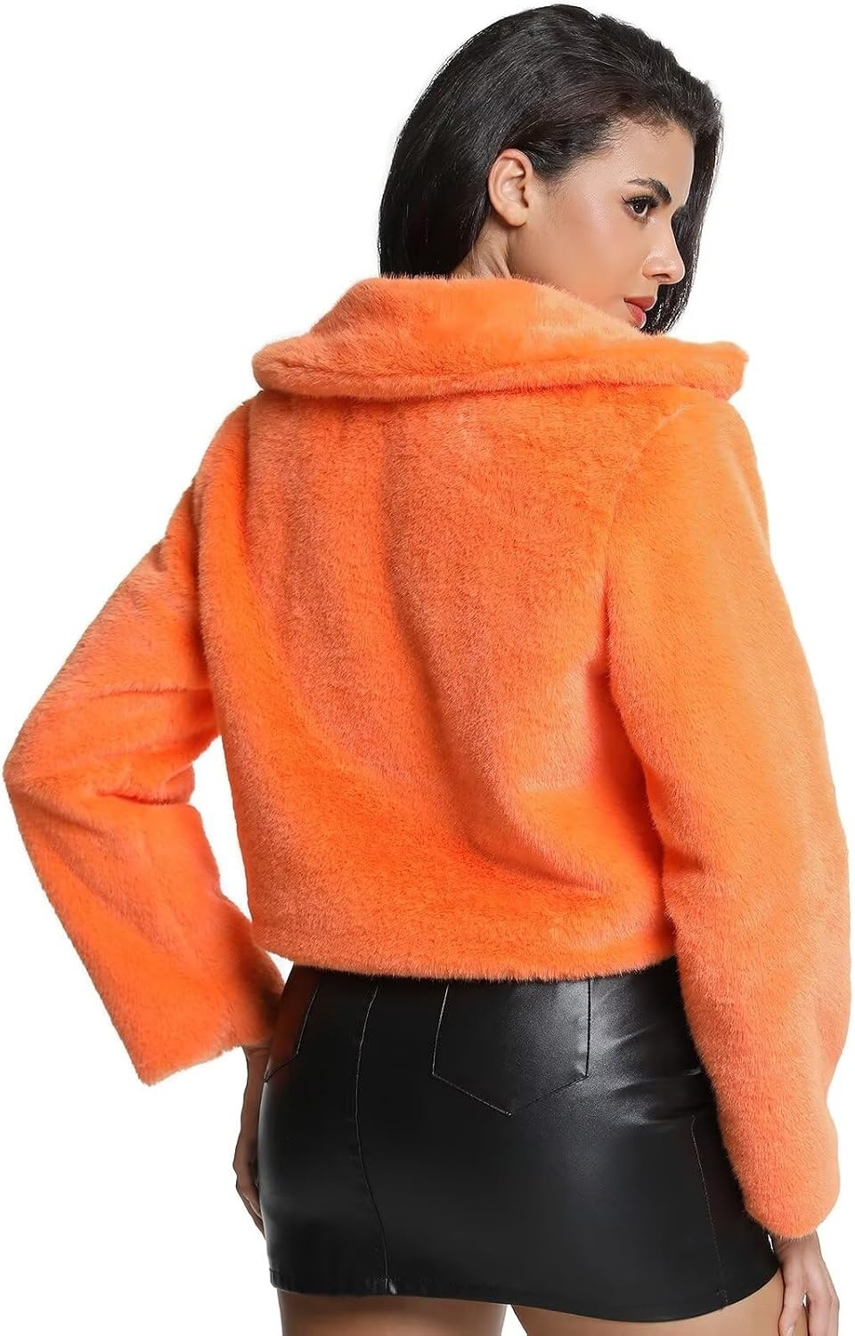 image:imageWomens Cropped Faux Fur Jacket with Hidden Pockets and Buttons Plush Shawl Collar Cardigan Sexy CoatOrange