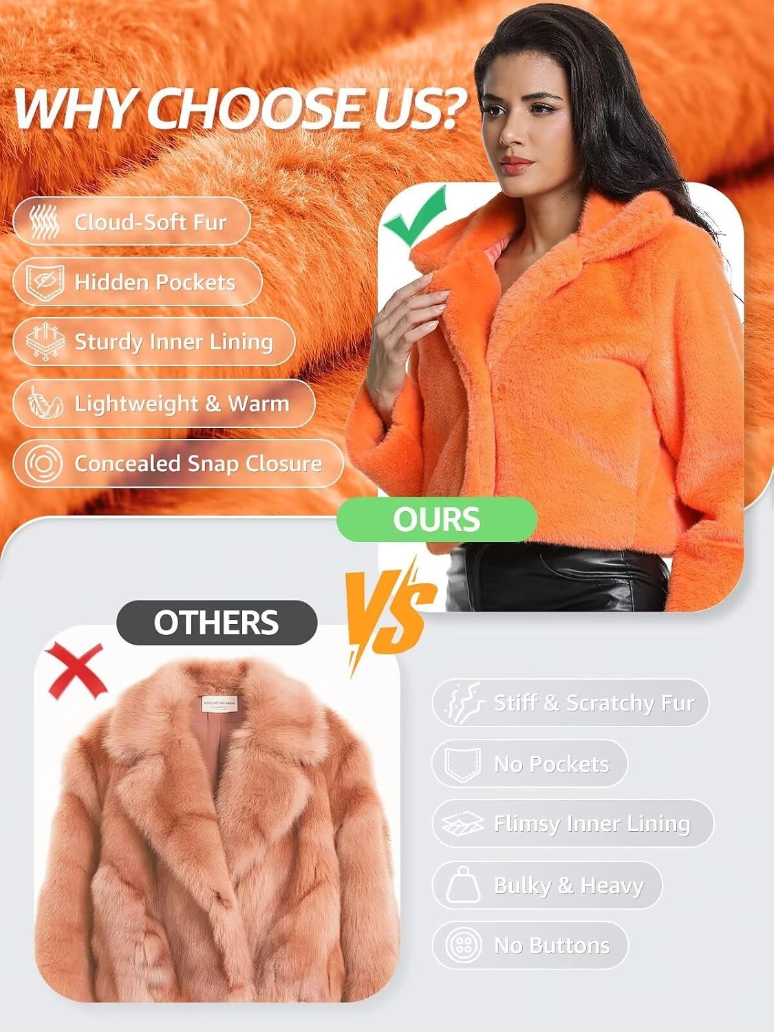 image:imageWomens Cropped Faux Fur Jacket with Hidden Pockets and Buttons Plush Shawl Collar Cardigan Sexy CoatOrange