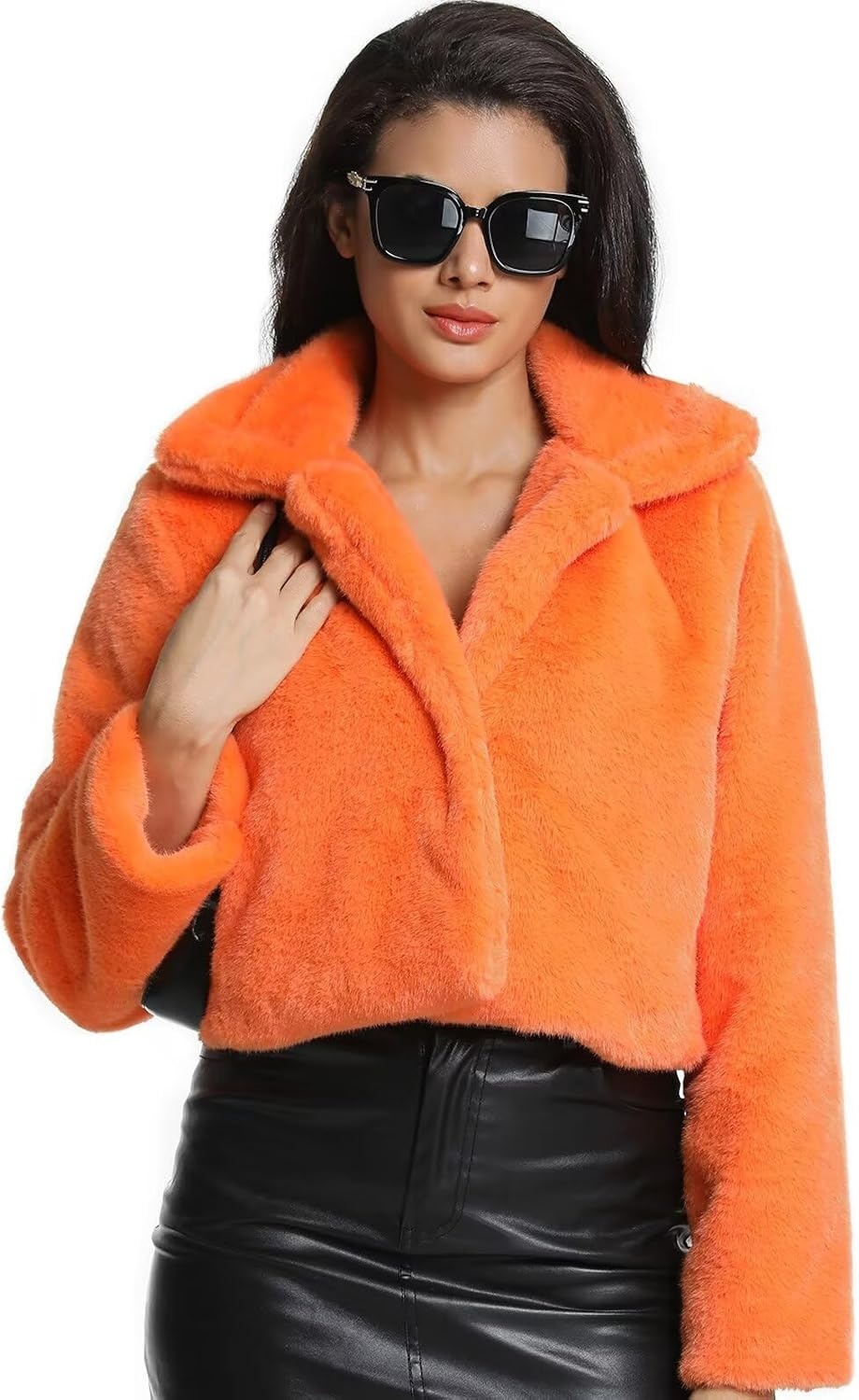 image:imageWomens Cropped Faux Fur Jacket with Hidden Pockets and Buttons Plush Shawl Collar Cardigan Sexy CoatOrange