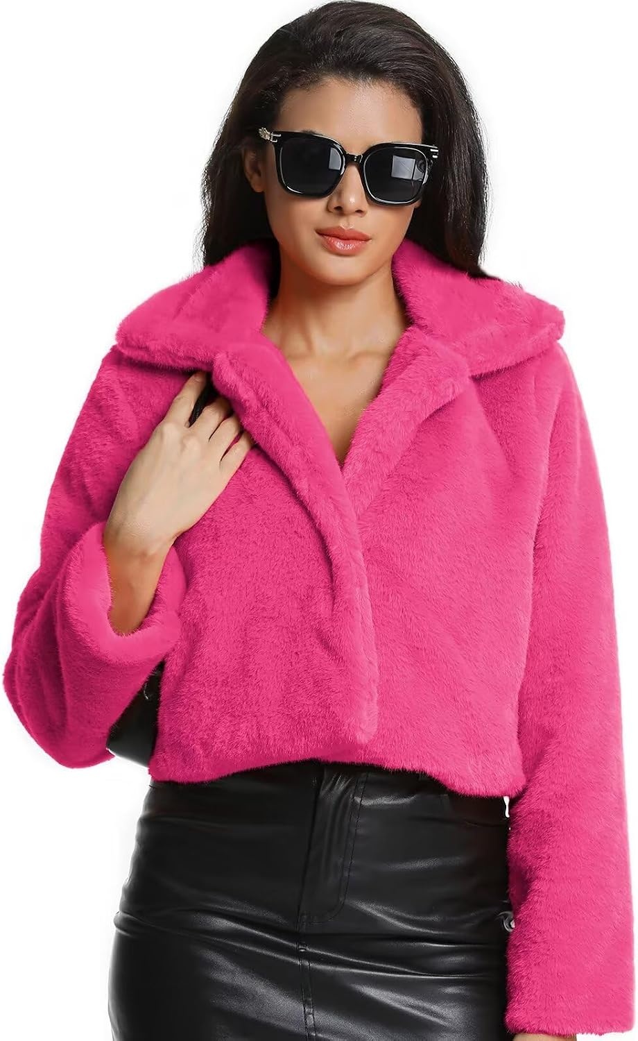 image:imageWomens Cropped Faux Fur Jacket with Hidden Pockets and Buttons Plush Shawl Collar Cardigan Sexy CoatPink