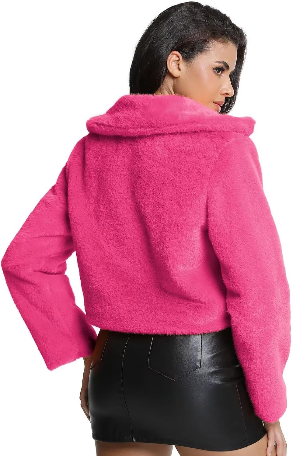 image:imageWomens Cropped Faux Fur Jacket with Hidden Pockets and Buttons Plush Shawl Collar Cardigan Sexy CoatPink