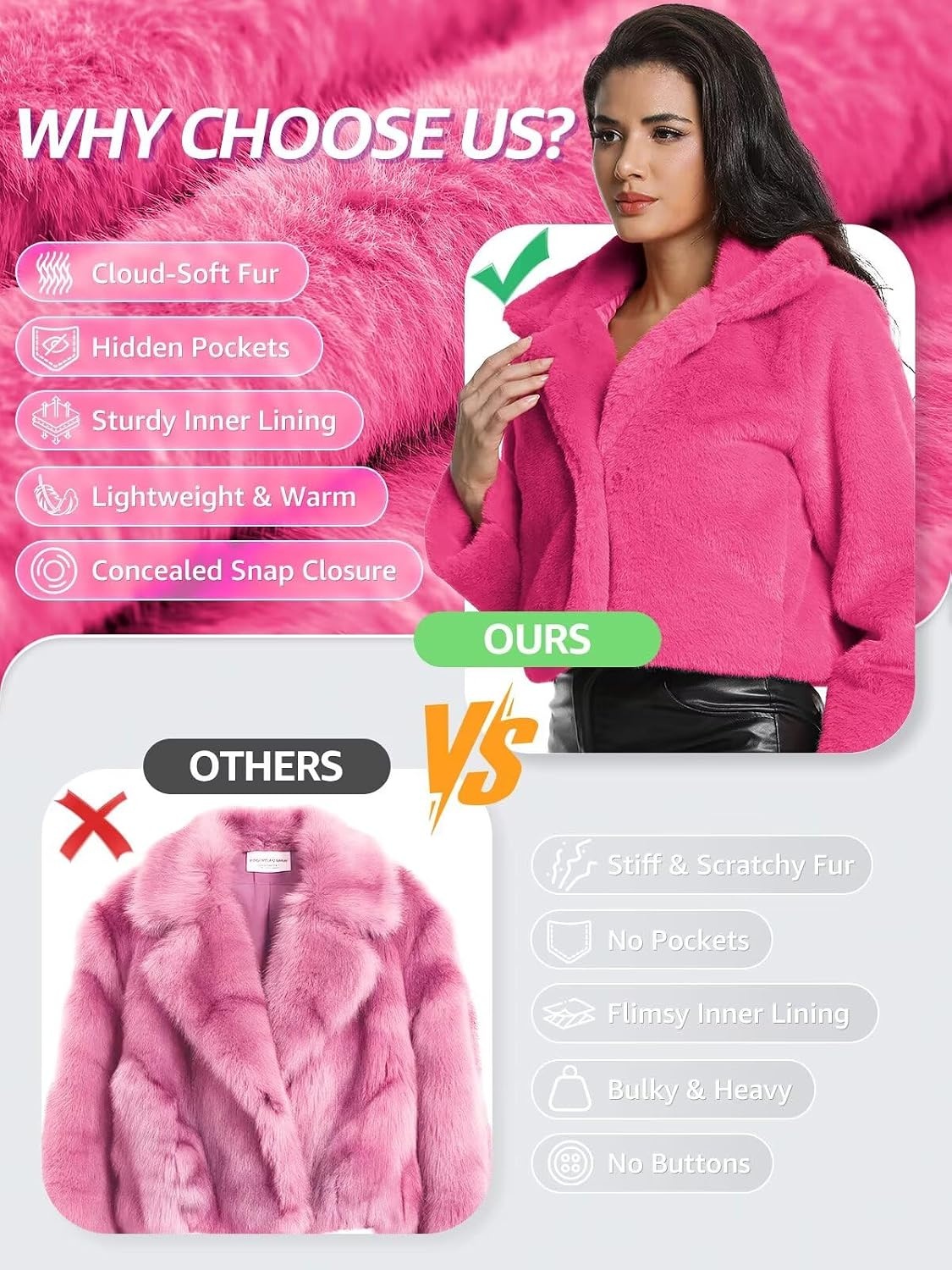 image:imageWomens Cropped Faux Fur Jacket with Hidden Pockets and Buttons Plush Shawl Collar Cardigan Sexy CoatPink