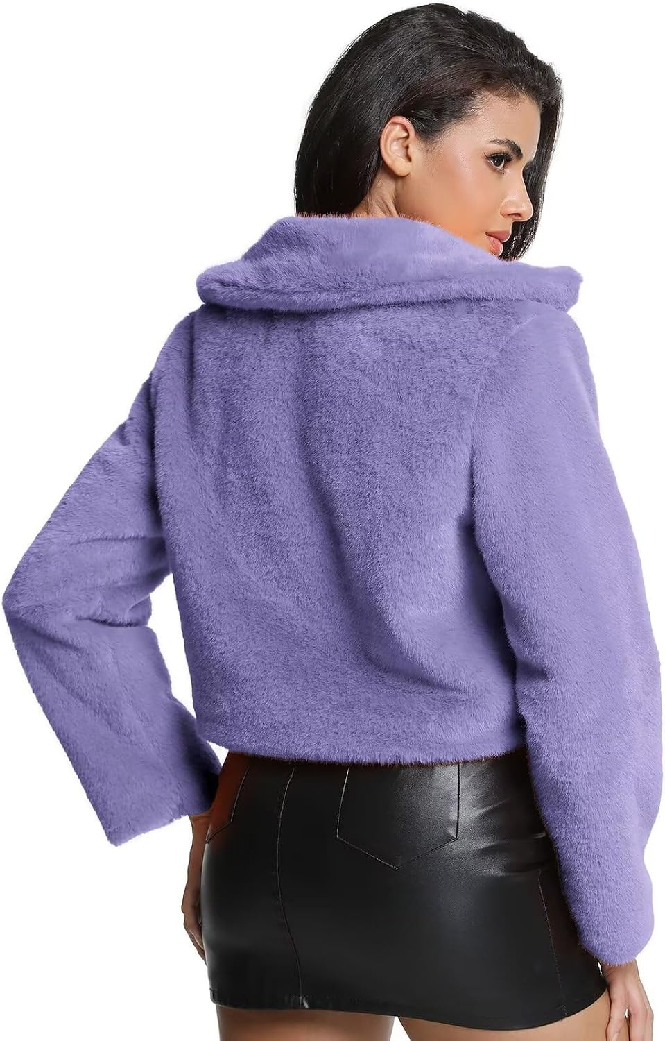 image:imageWomens Cropped Faux Fur Jacket with Hidden Pockets and Buttons Plush Shawl Collar Cardigan Sexy CoatPurple