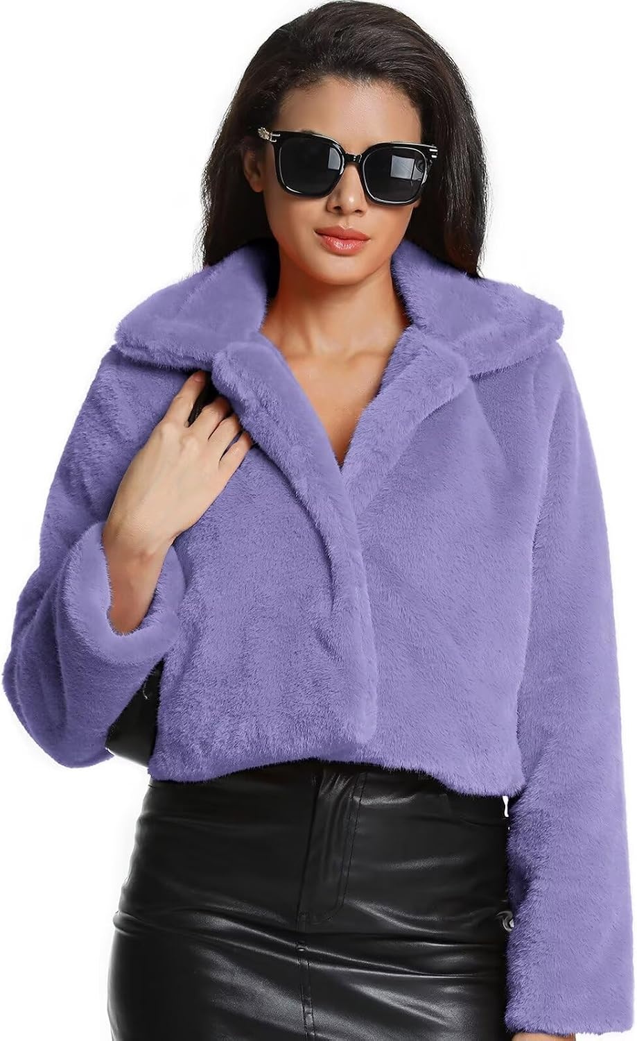 image:imageWomens Cropped Faux Fur Jacket with Hidden Pockets and Buttons Plush Shawl Collar Cardigan Sexy CoatPurple