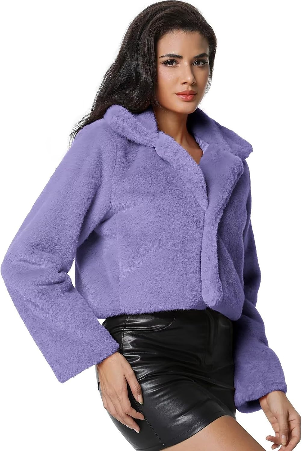 image:imageWomens Cropped Faux Fur Jacket with Hidden Pockets and Buttons Plush Shawl Collar Cardigan Sexy CoatPurple