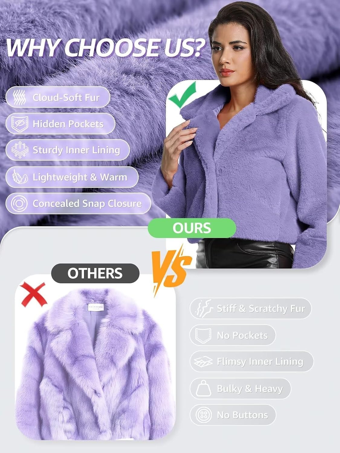 image:imageWomens Cropped Faux Fur Jacket with Hidden Pockets and Buttons Plush Shawl Collar Cardigan Sexy CoatPurple