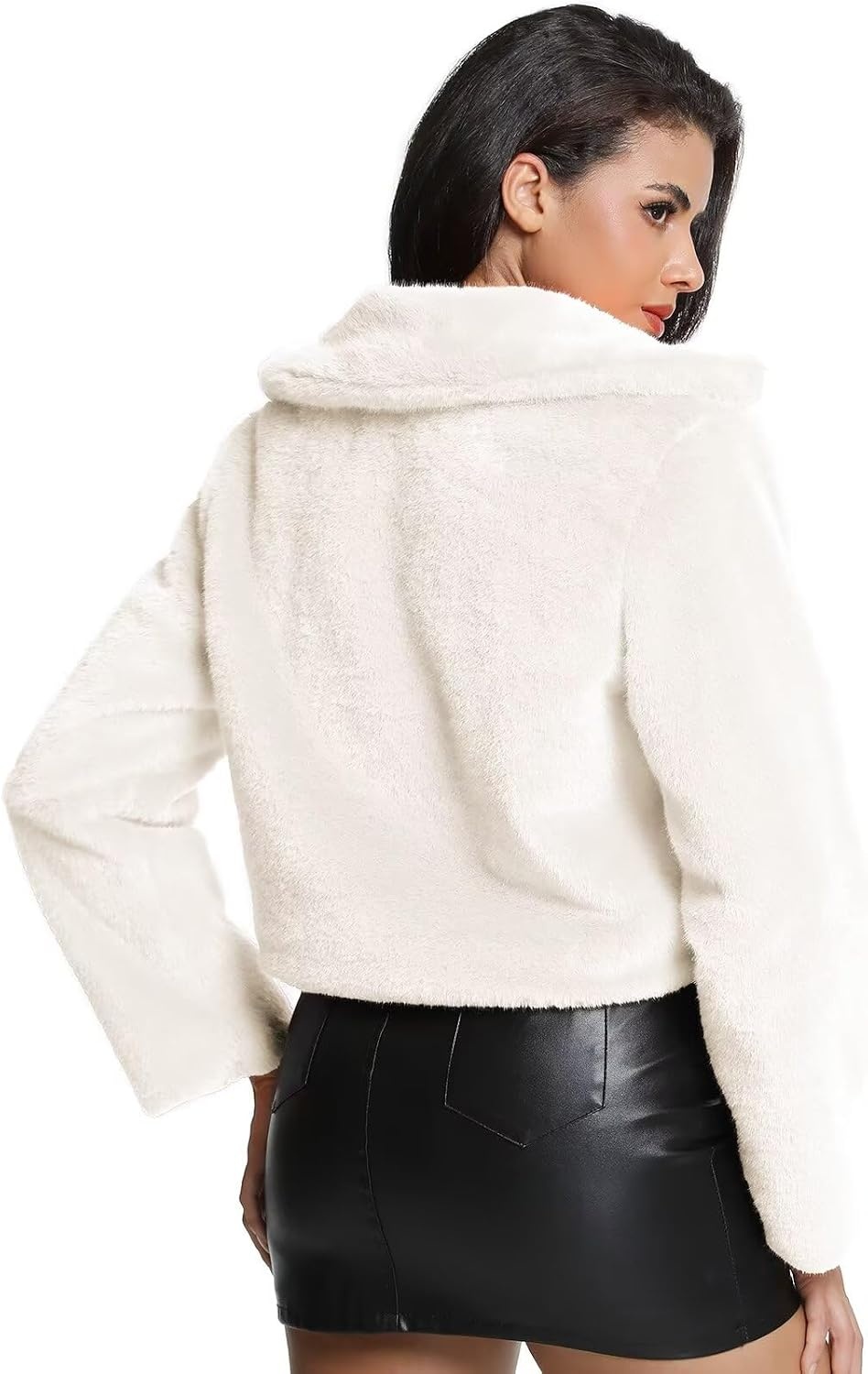 image:imageWomens Cropped Faux Fur Jacket with Hidden Pockets and Buttons Plush Shawl Collar Cardigan Sexy CoatWhite