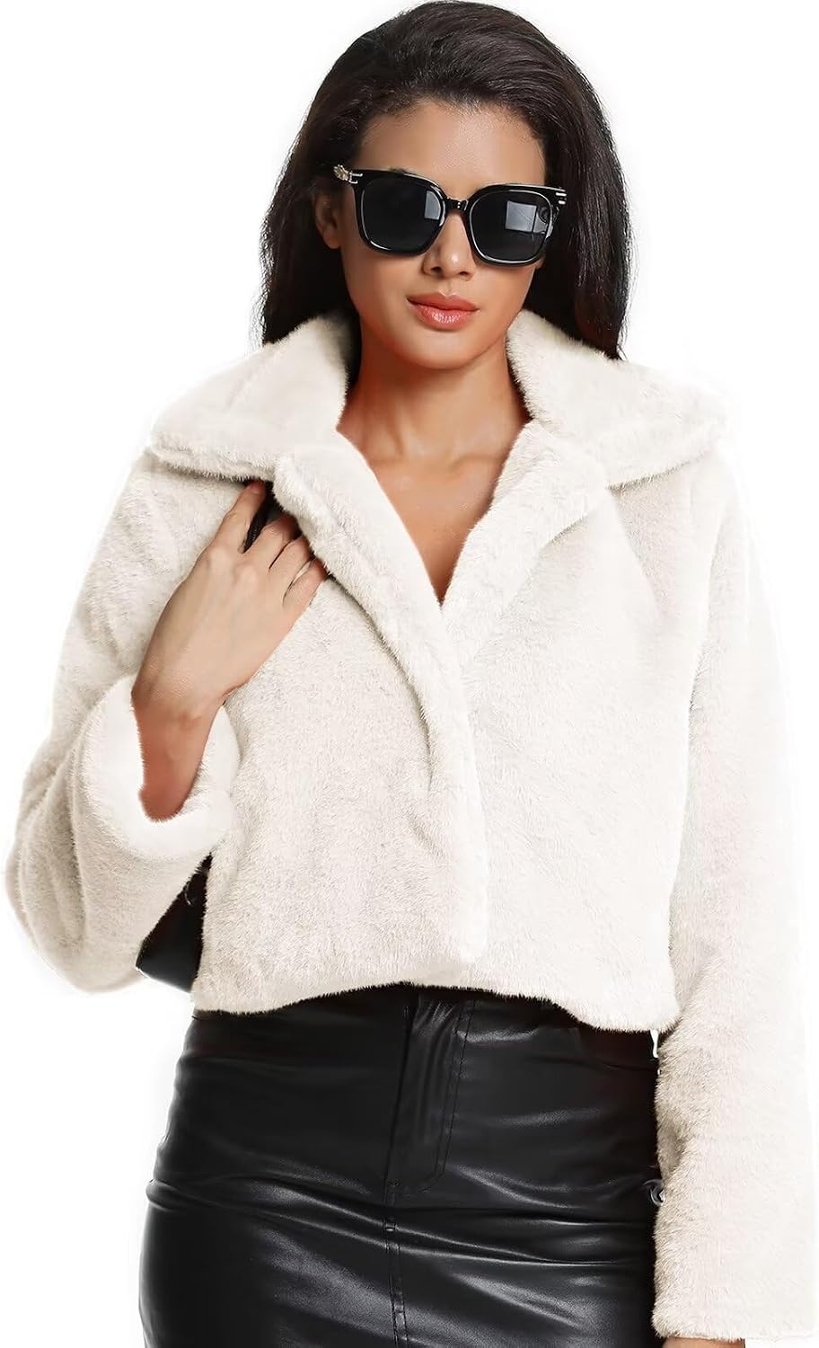 image:imageWomens Cropped Faux Fur Jacket with Hidden Pockets and Buttons Plush Shawl Collar Cardigan Sexy CoatWhite