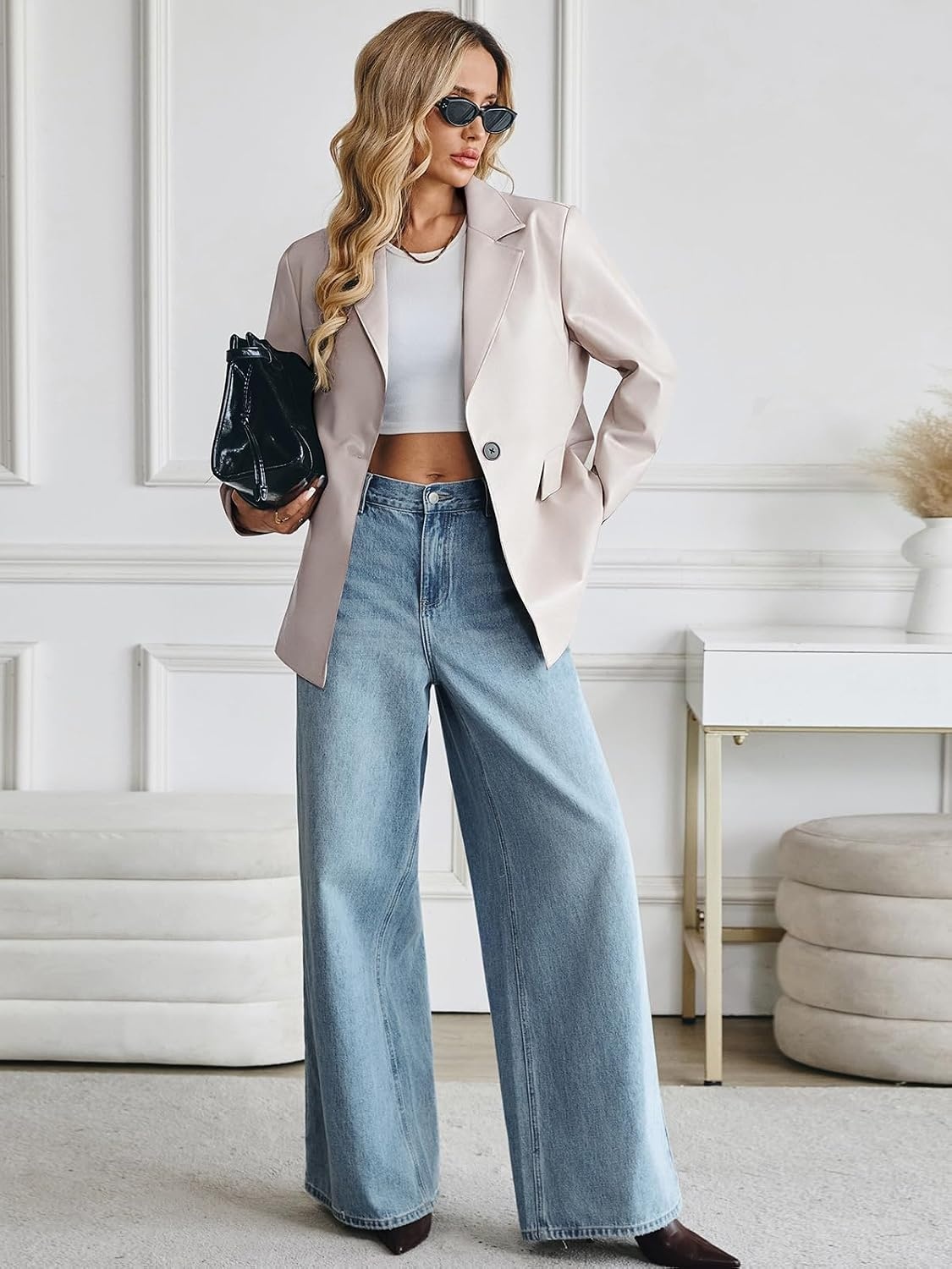 image:imageWomens Faux Leather Blazer Oversized Bomber Winter Coat Motocycle Button Down Fall Jackets with PocketsBeige