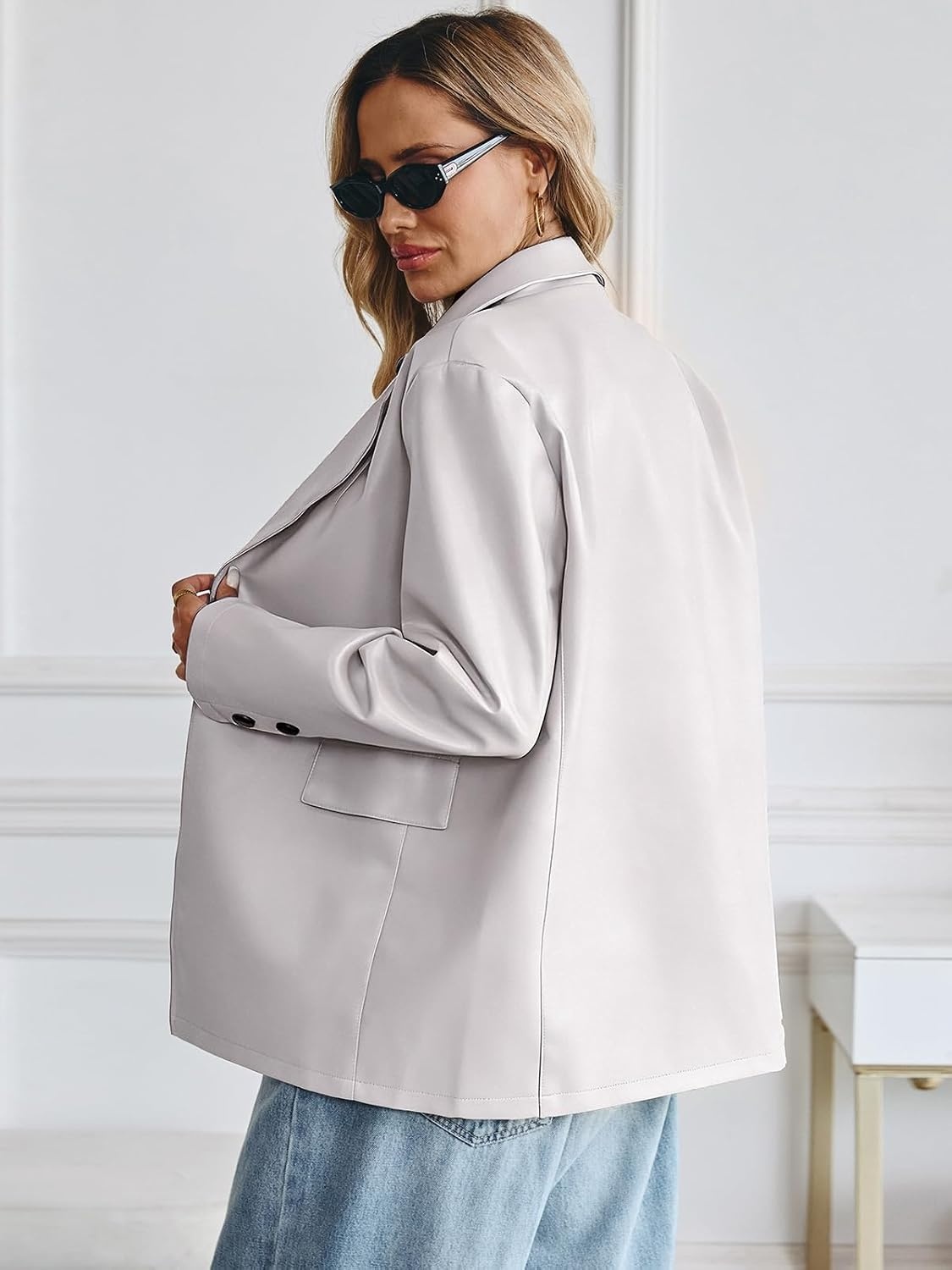 image:imageWomens Faux Leather Blazer Oversized Bomber Winter Coat Motocycle Button Down Fall Jackets with PocketsBeige