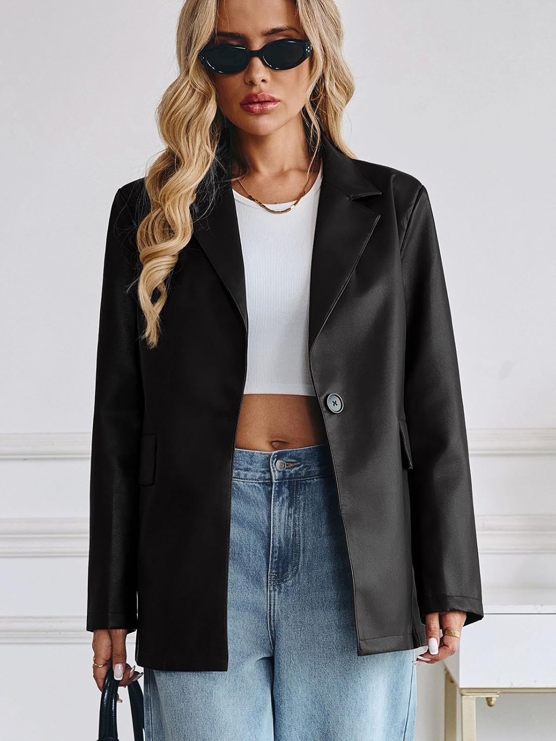 image:imageWomens Faux Leather Blazer Oversized Bomber Winter Coat Motocycle Button Down Fall Jackets with PocketsBlack