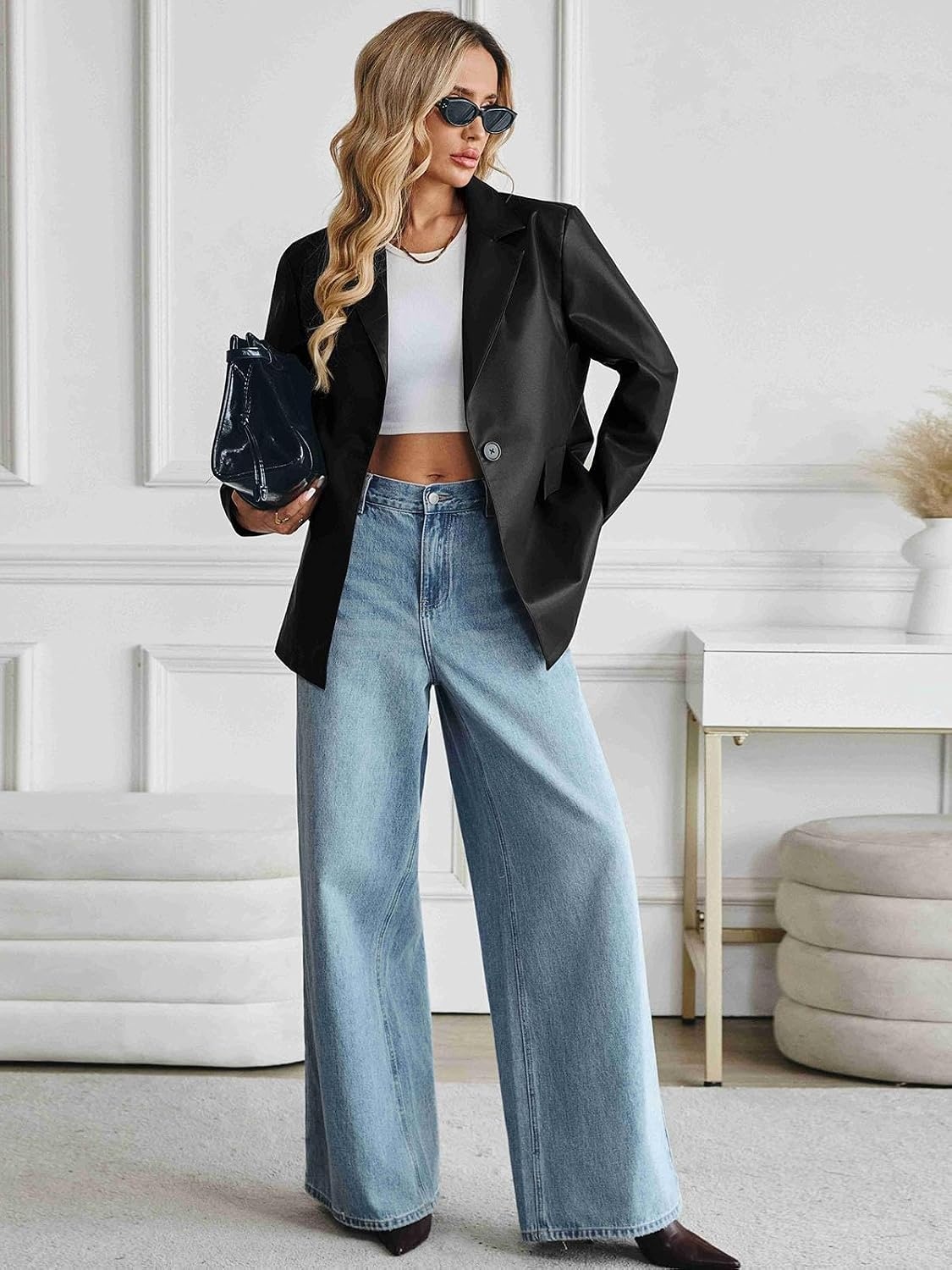 image:imageWomens Faux Leather Blazer Oversized Bomber Winter Coat Motocycle Button Down Fall Jackets with PocketsBlack