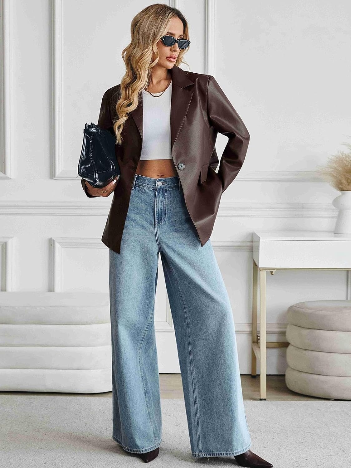 image:imageWomens Faux Leather Blazer Oversized Bomber Winter Coat Motocycle Button Down Fall Jackets with PocketsBrown
