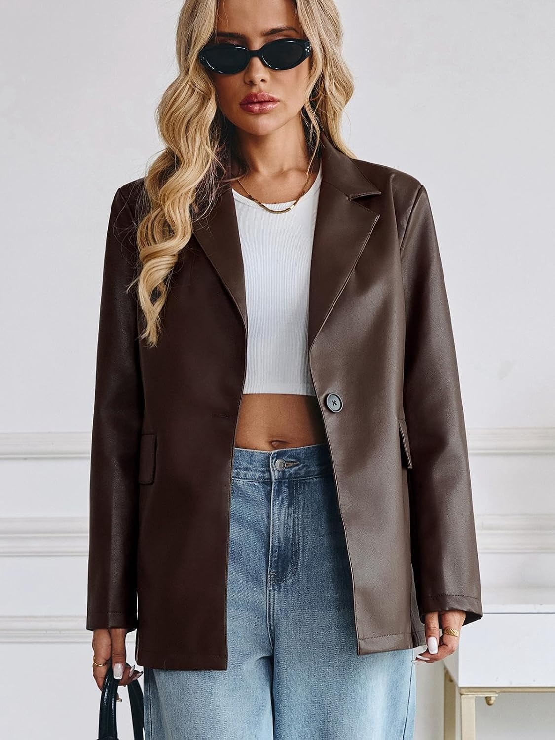 image:imageWomens Faux Leather Blazer Oversized Bomber Winter Coat Motocycle Button Down Fall Jackets with PocketsBrown