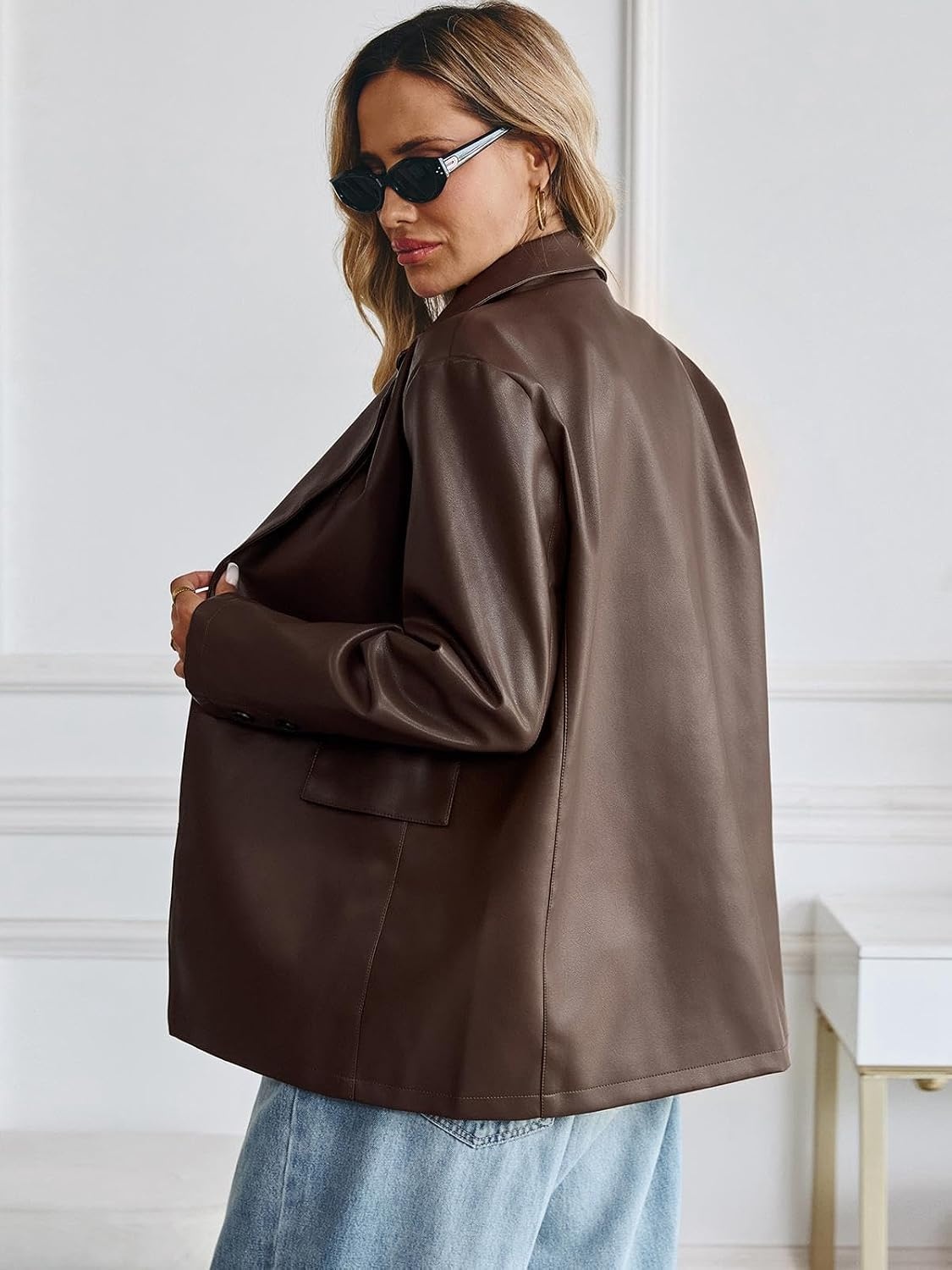image:imageWomens Faux Leather Blazer Oversized Bomber Winter Coat Motocycle Button Down Fall Jackets with PocketsBrown