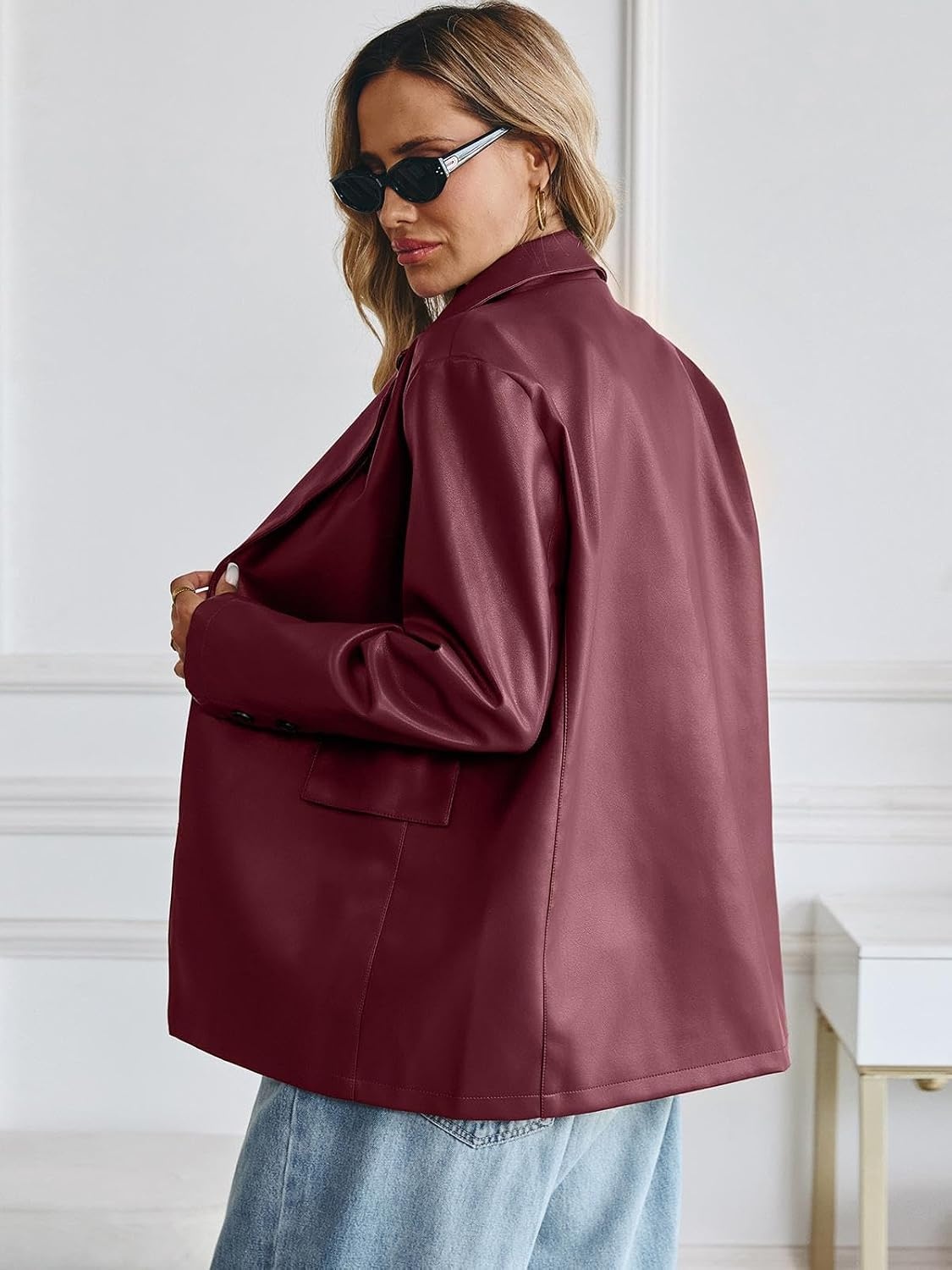 image:imageWomens Faux Leather Blazer Oversized Bomber Winter Coat Motocycle Button Down Fall Jackets with PocketsBurgundy