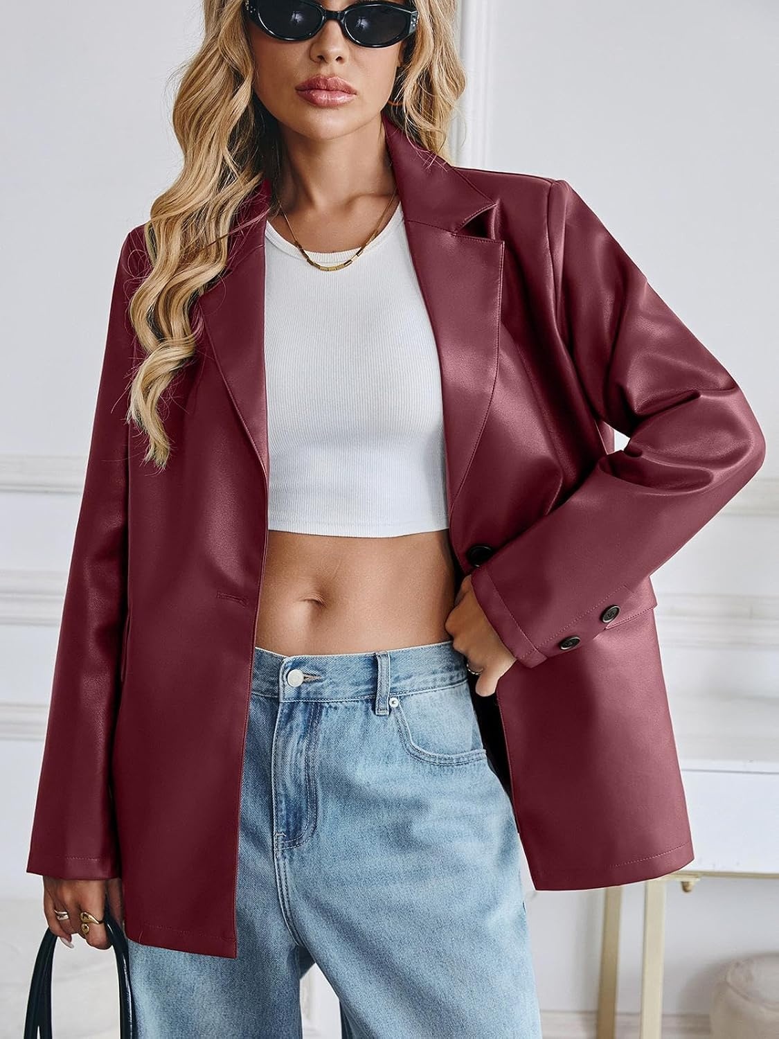 image:imageWomens Faux Leather Blazer Oversized Bomber Winter Coat Motocycle Button Down Fall Jackets with PocketsBurgundy