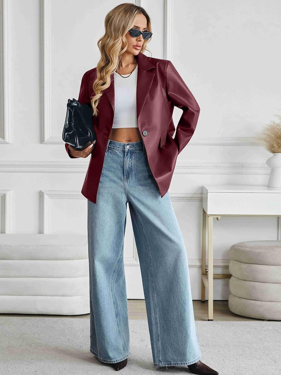 image:imageWomens Faux Leather Blazer Oversized Bomber Winter Coat Motocycle Button Down Fall Jackets with PocketsBurgundy
