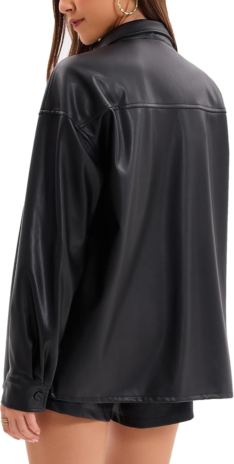 image:imageWomens Faux Leather Button Up Shirt Jacket Pleather Blouse Shacket Tops Pu Faux Leather Button DownBlack