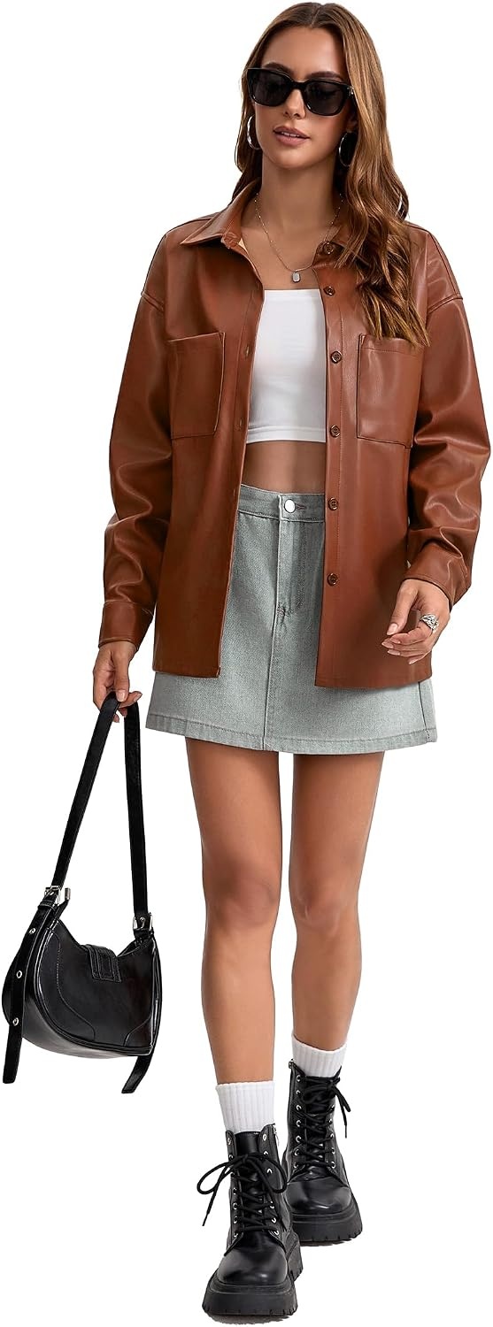 image:imageWomens Faux Leather Button Up Shirt Jacket Pleather Blouse Shacket Tops Pu Faux Leather Button DownBrown