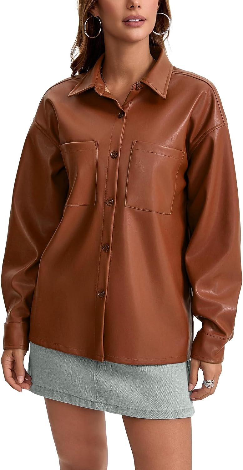 image:imageWomens Faux Leather Button Up Shirt Jacket Pleather Blouse Shacket Tops Pu Faux Leather Button DownBrown
