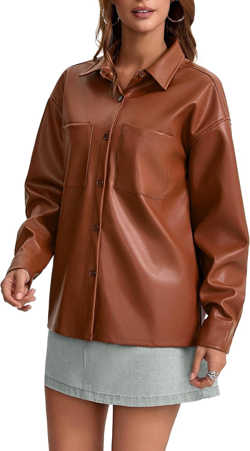 image:imageWomens Faux Leather Button Up Shirt Jacket Pleather Blouse Shacket Tops Pu Faux Leather Button DownBrown